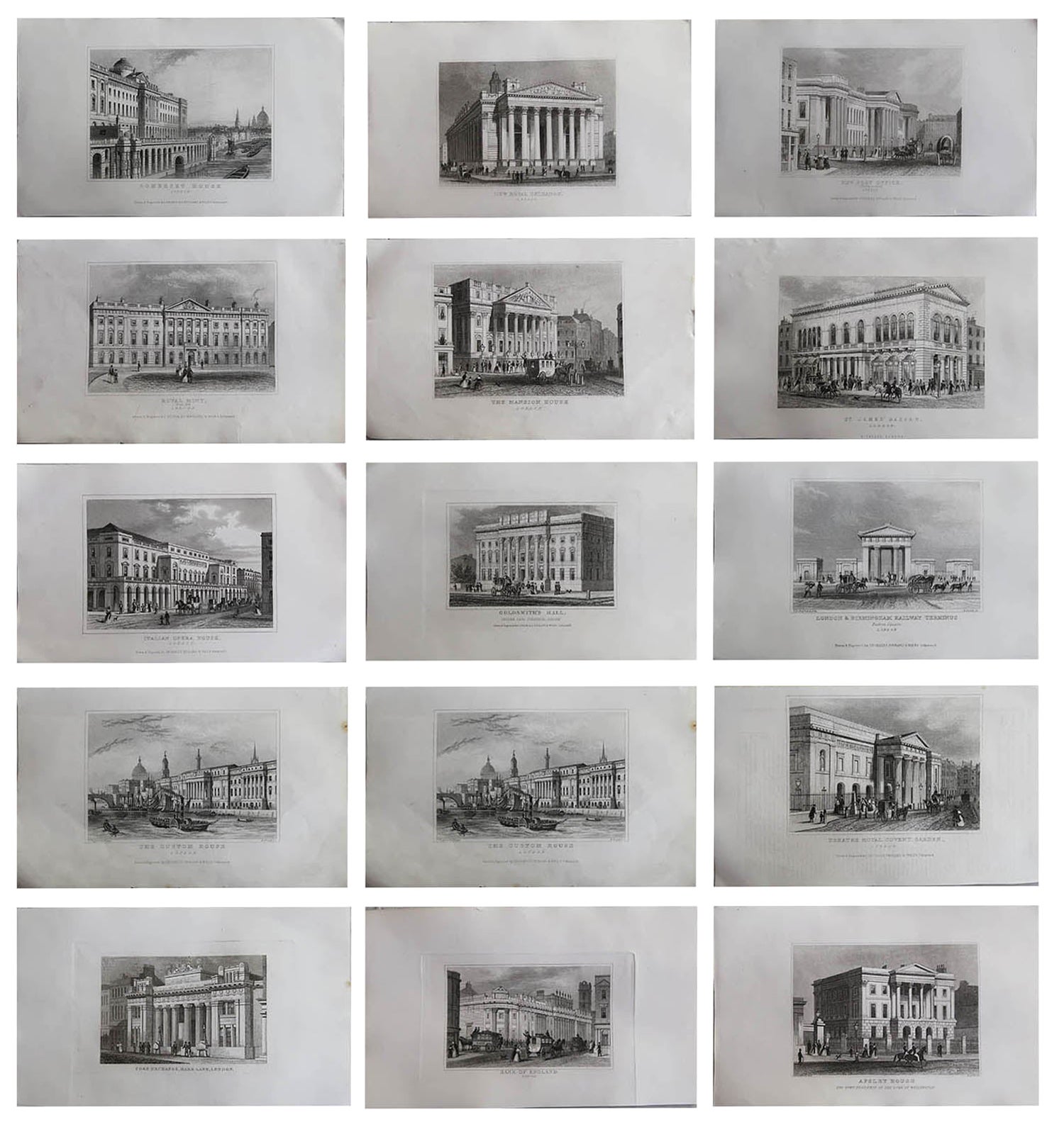 Satz von 15 antiken Architekturdrucken, Londoner Gebäude, um 1840