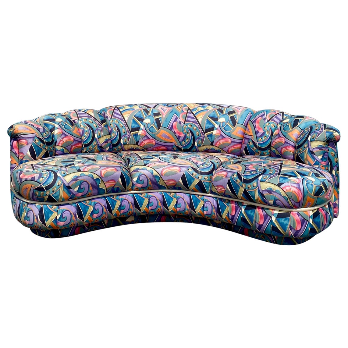 1980s Weiman Pucci Style Curved Tufted Channel Biomorphic Kidney Sofa For Sale