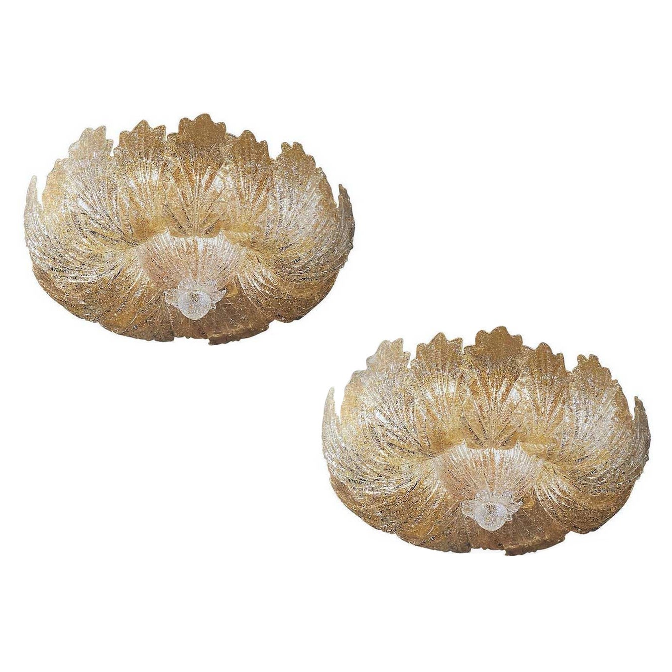 Pair of Murano Glass Leave Flush Mount or Ceiling Lights For Sale