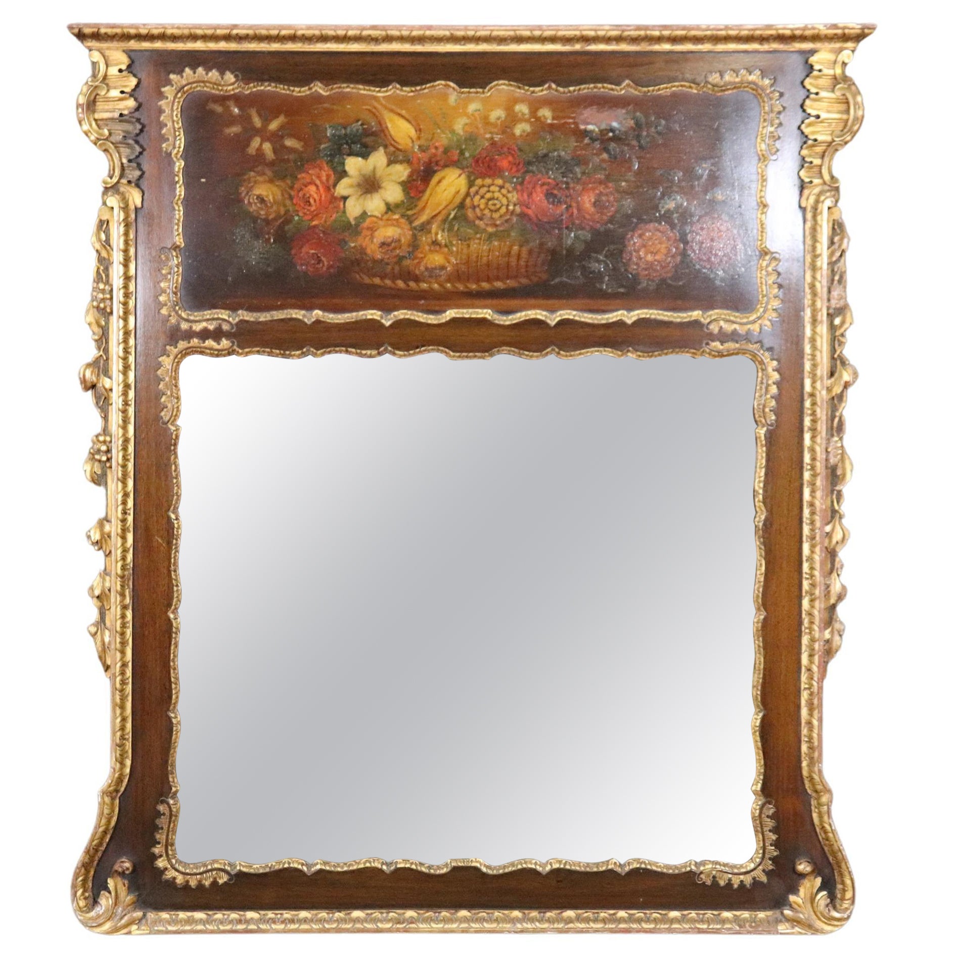 Floral Paint Decorated Mahogany Trumeau Wall Mirror For Sale