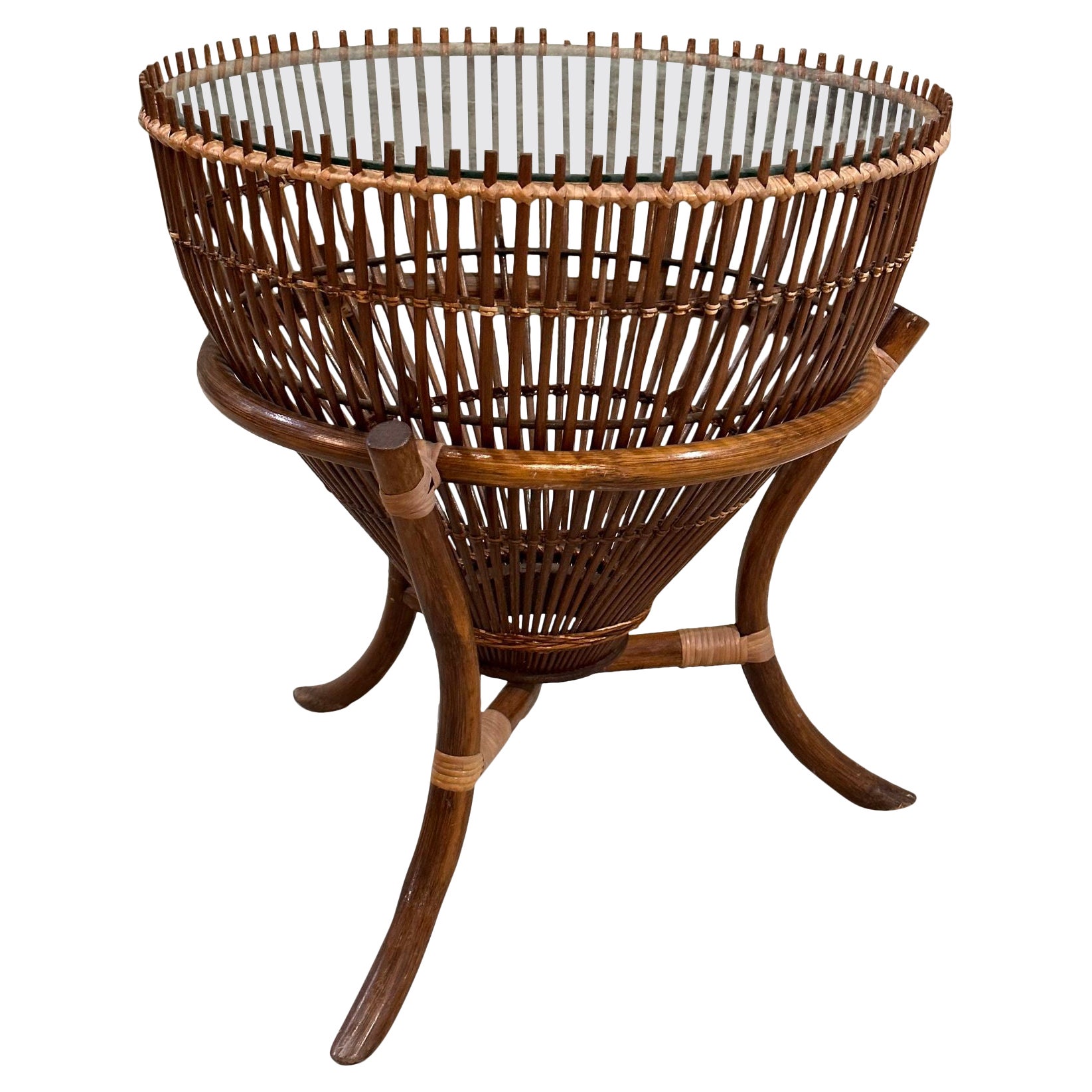 Style of Franco Albini Rattan Fishing Basket Side/End Table, 1960 For Sale