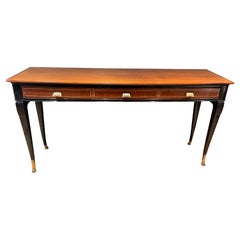 Large Three Drawers Black Lacquer & Cherrywood Console Table