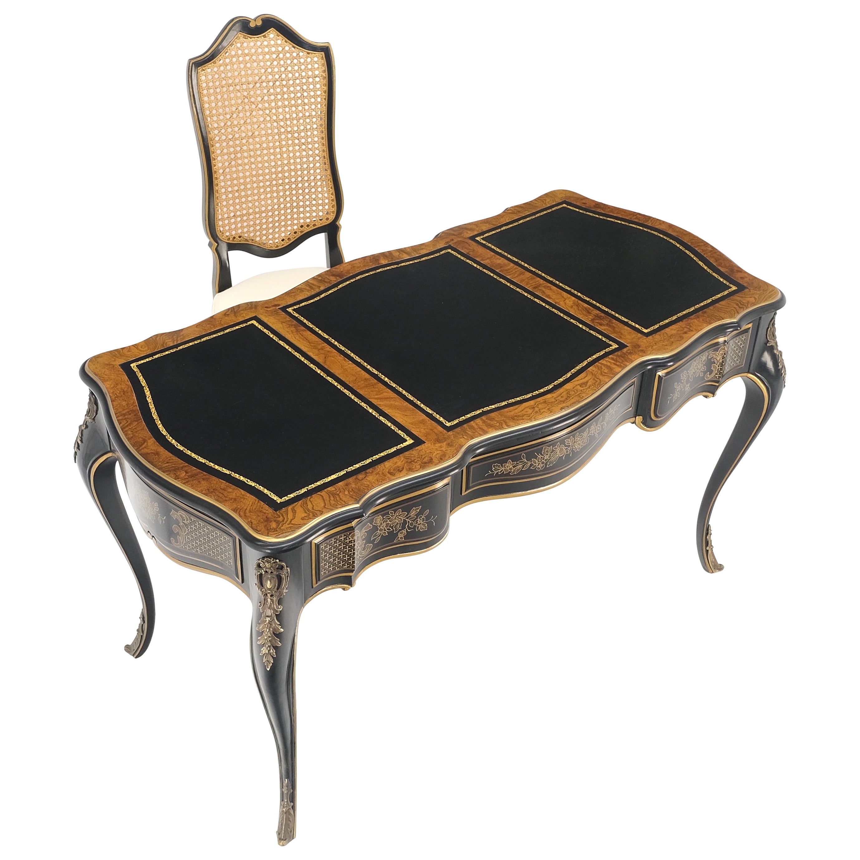 Chinoiserie Black Lacquer Gold Leather Bronze Burl Desk w/ Matching Chair MINT! For Sale