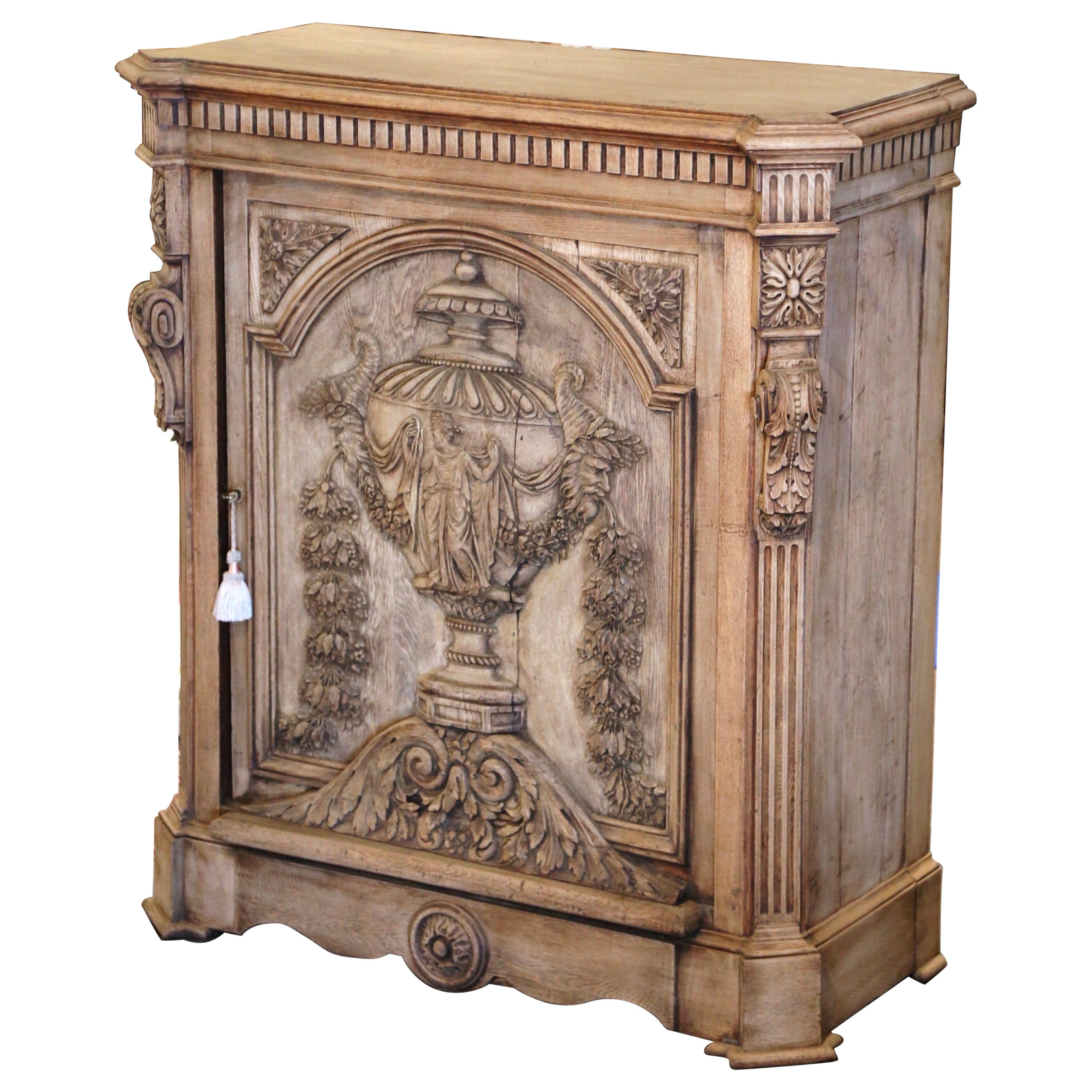 19th Century French Napoleon III Carved Bleached Oak Single Door Cabinet