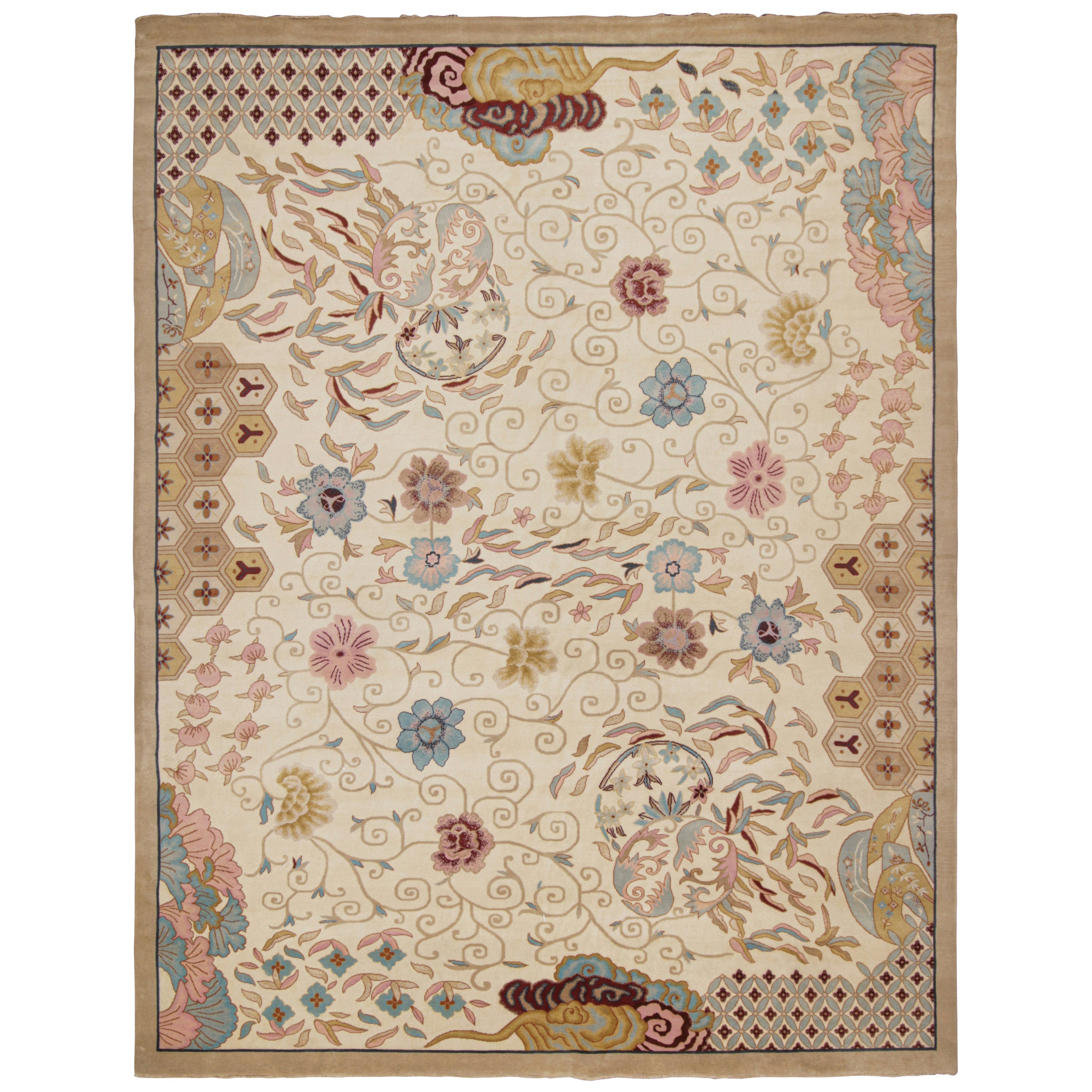 Rug & Kilim’s Chinese Art Deco Style Rug in Beige-Brown with Floral Patterns For Sale