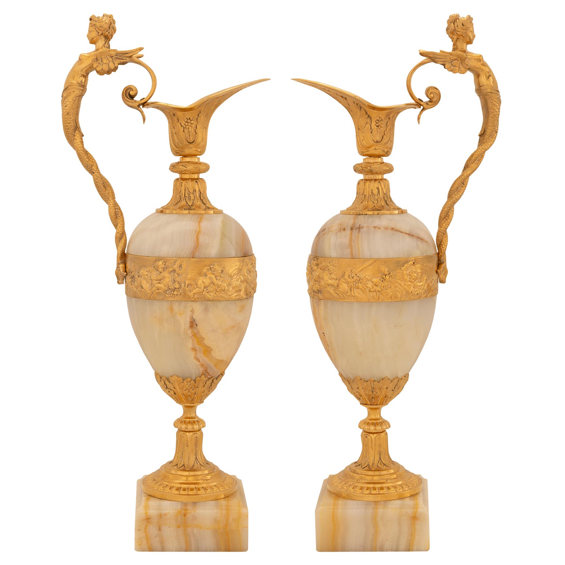 Pair Of French 19th Century Renaissance St. Onyx And Ormolu Urns/Ewers