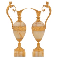 Pair Of French 19th Century Renaissance St. Onyx And Ormolu Urns/Ewers