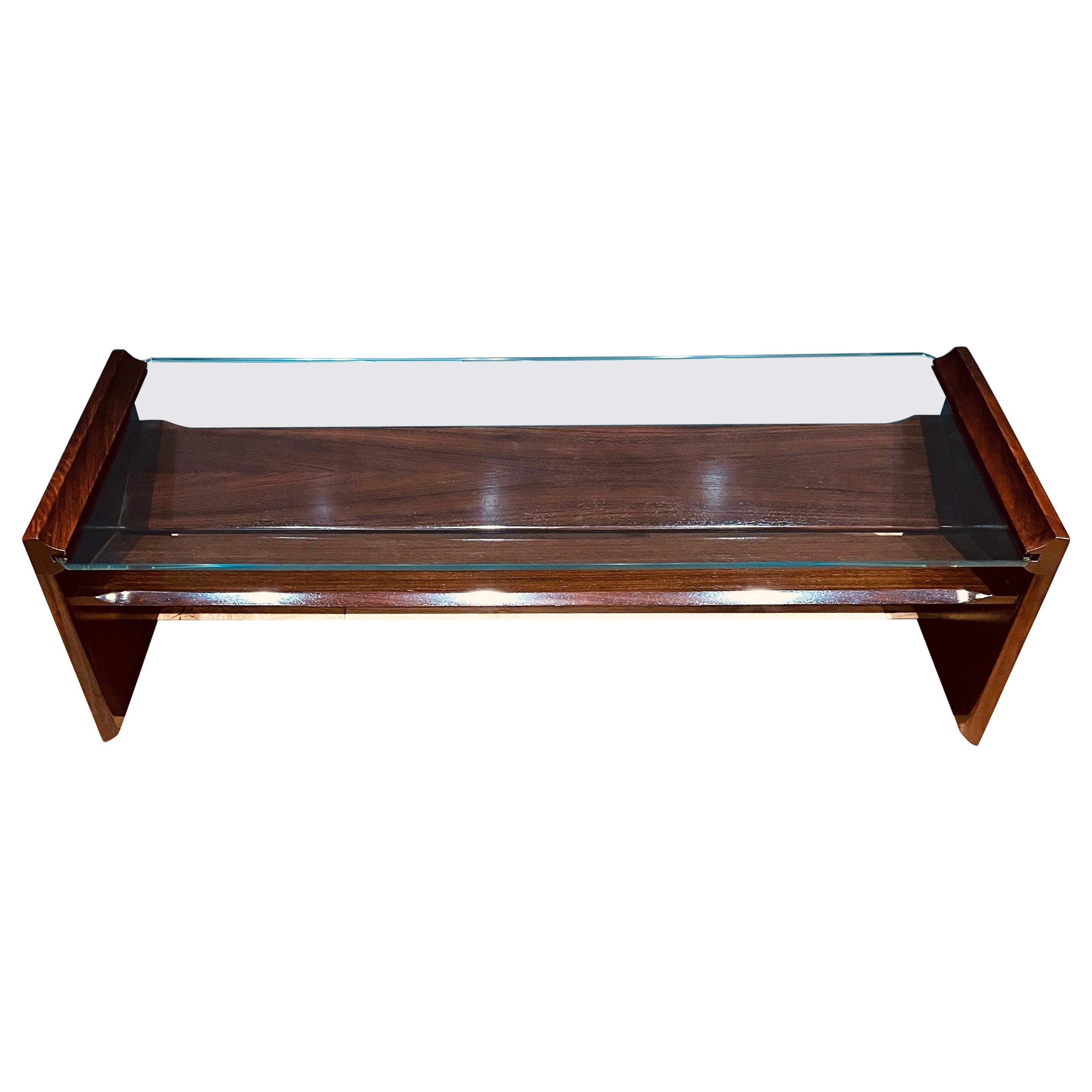 Rectangular Glass & Wood Coffee Table with Magazine Rack For Sale