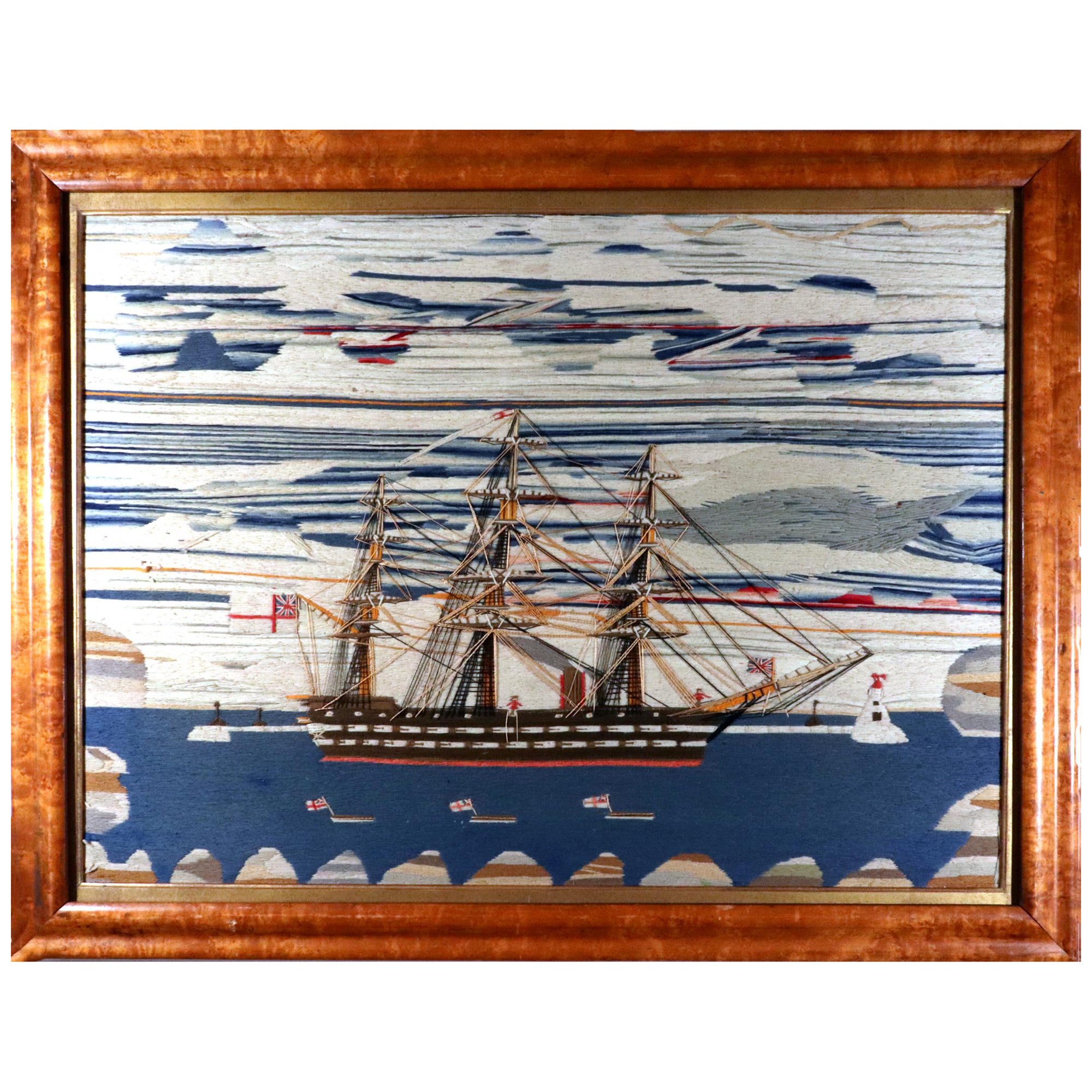 Large Sailor's Woolwork of Royal Navy Second Rate Ship in Bay For Sale
