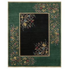Rug & Kilim's Chinese Art Deco Style rug in Black & Green with Floral Pattern (tapis chinois de style Art déco en noir et vert avec motif floral)