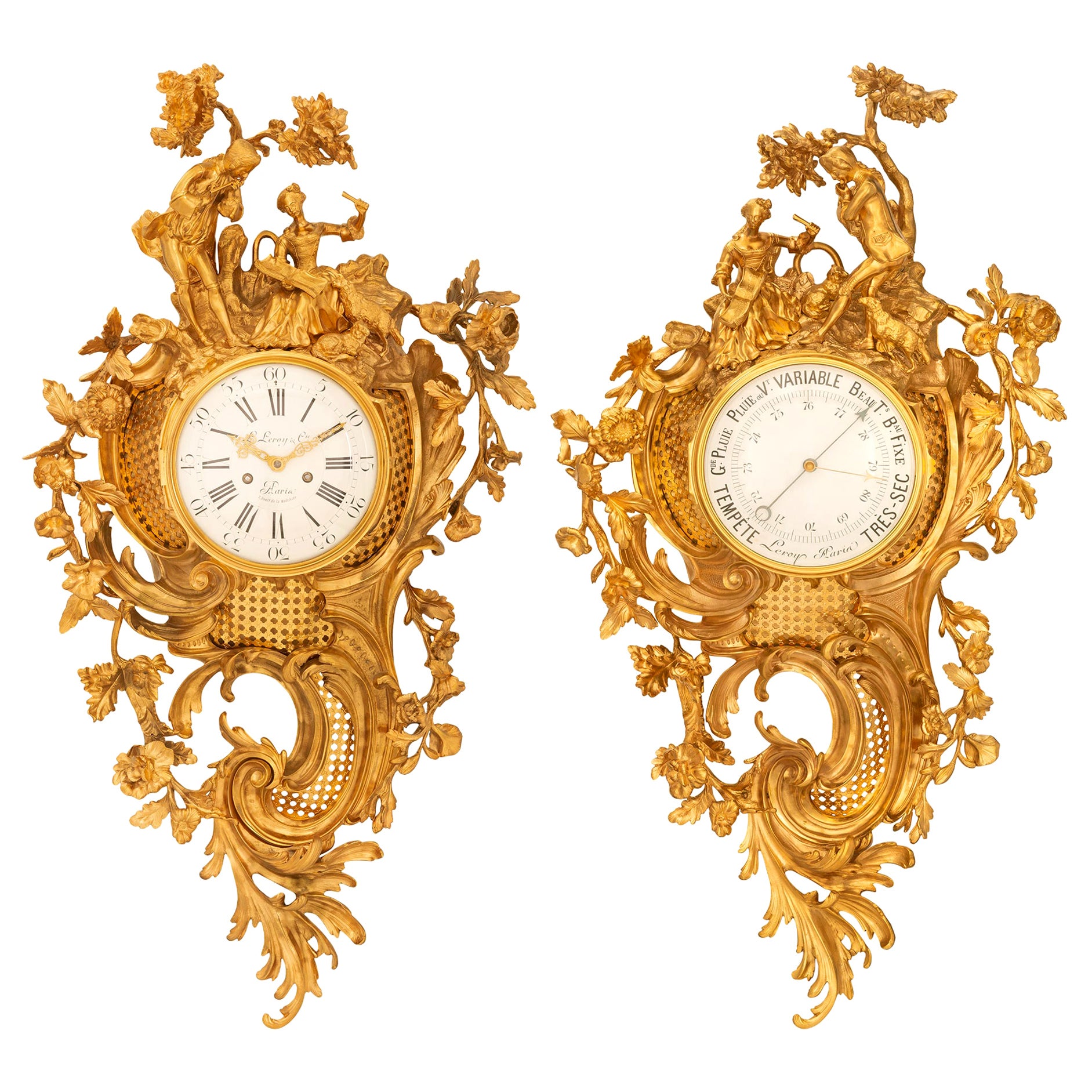 Paire d'horloges et de baromètres à cartel d'époque Louis XV du XVIIIe siècle en vente