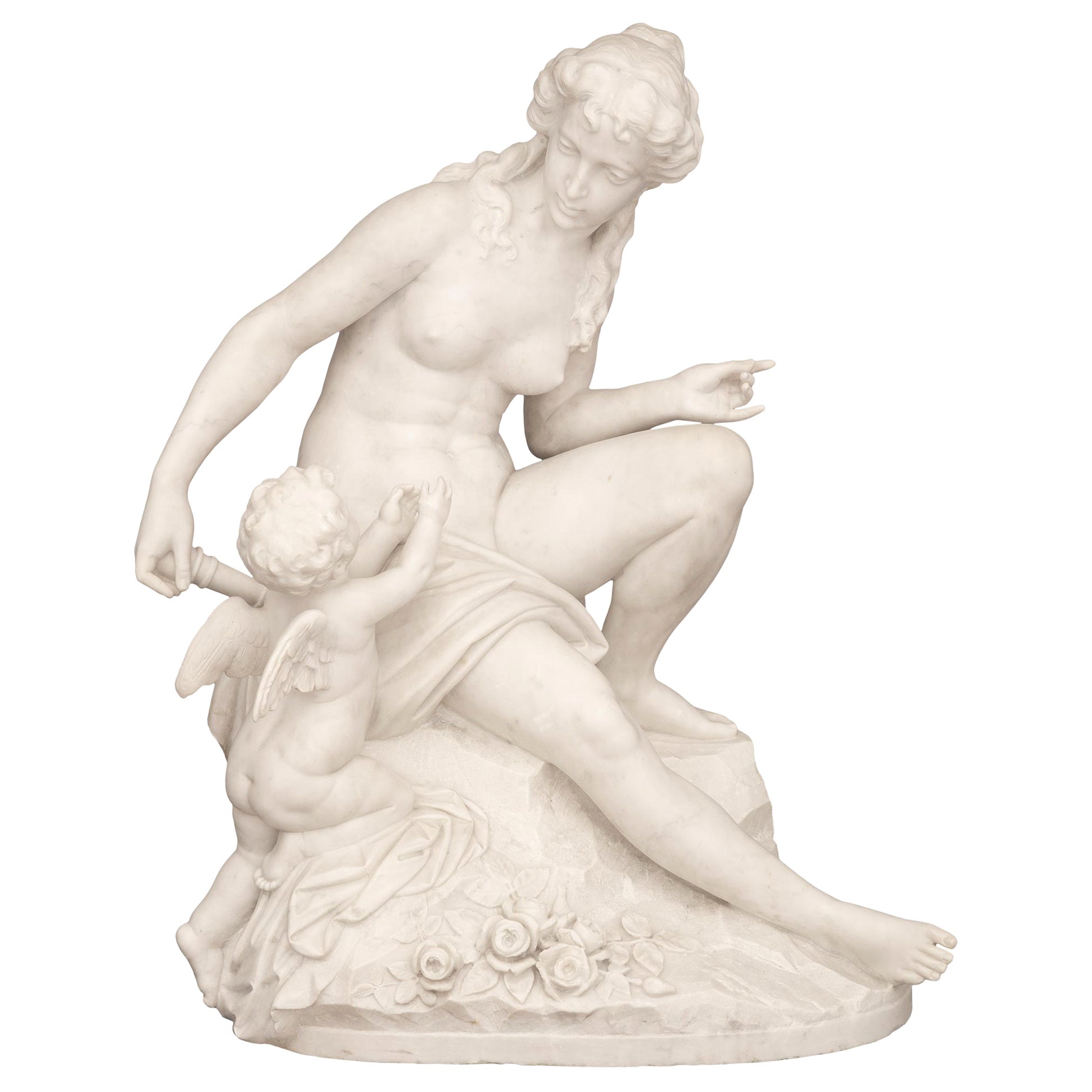 Italian 19th Century White Carrara Marble Statue of a Venus and Cupid For Sale
