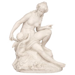 Italienische Statue einer Venus und eines Amors aus weißem Carrara-Marmor aus dem 19. Jahrhundert