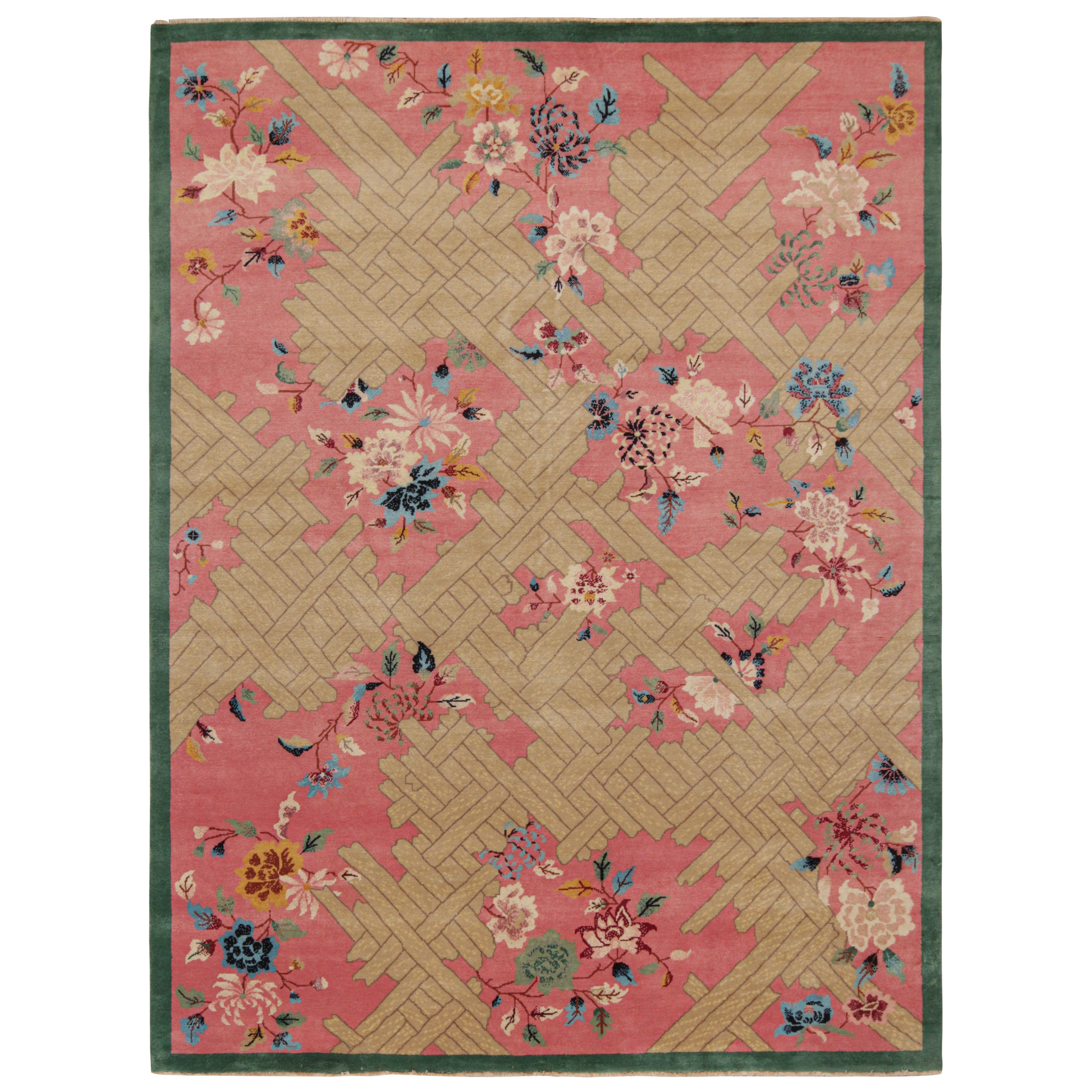 Rug & Kilim’s Chinese Style Art Deco rug in Pink with Colorful Florals For Sale