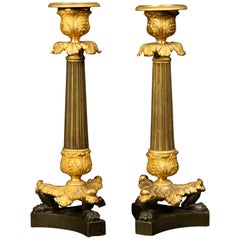 19th Century Pair of Patinated and Gilded Bronze Lion Feet Tripodal Candlesticks