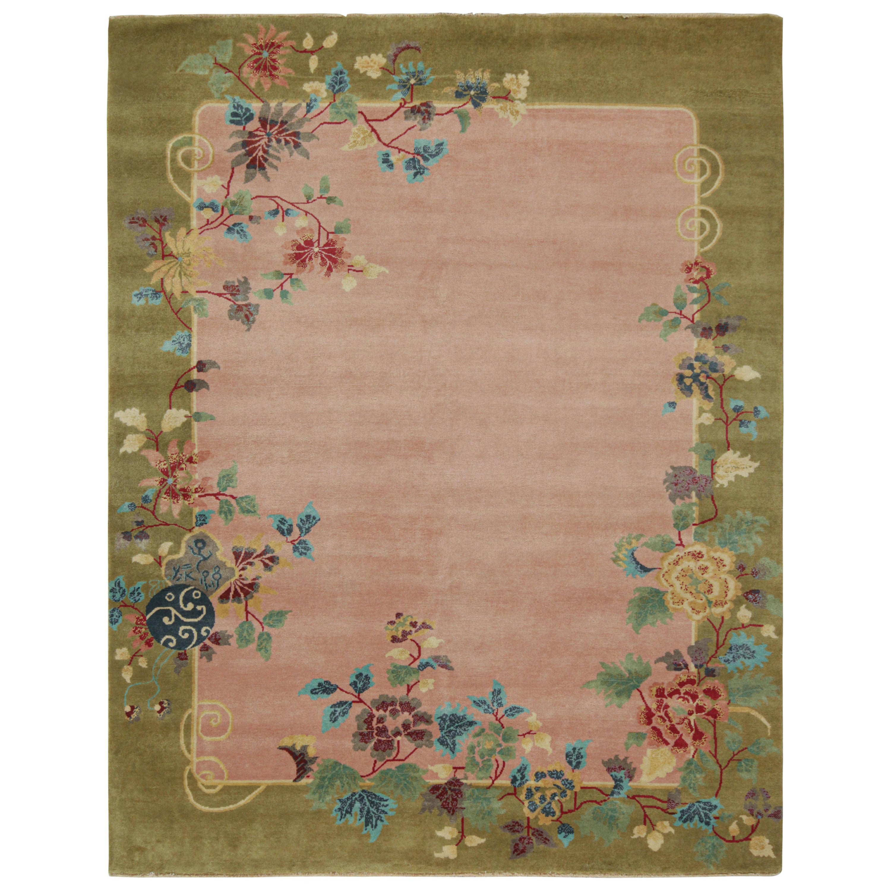 Rug & Kilim’s Chinese Style Art Deco rug in Pink & Green with Colorful Florals For Sale