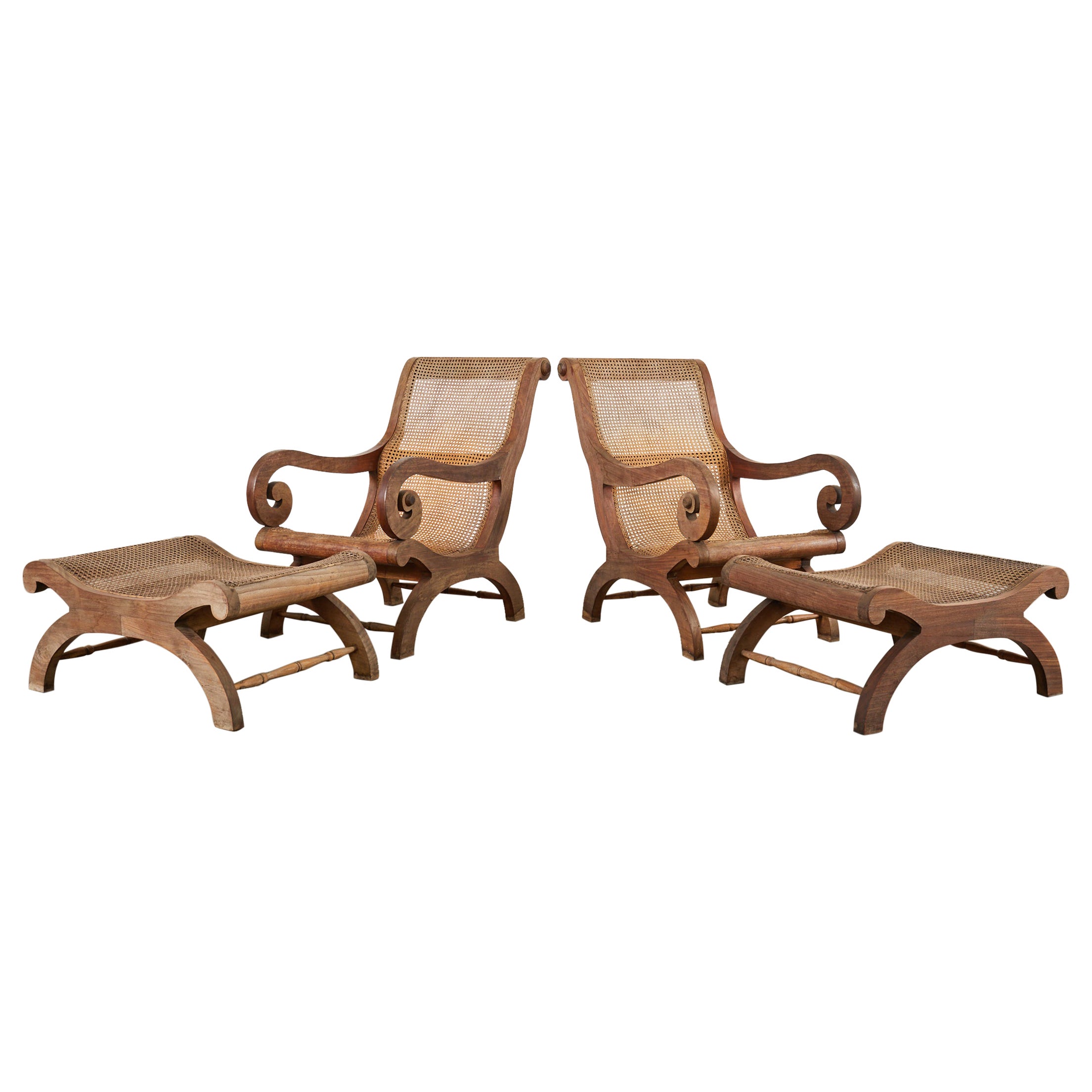 Pair of British Colonial Style Plantation Lounge Chairs with Ottomans For Sale