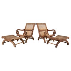 Vintage Pair of British Colonial Style Plantation Lounge Chairs with Ottomans