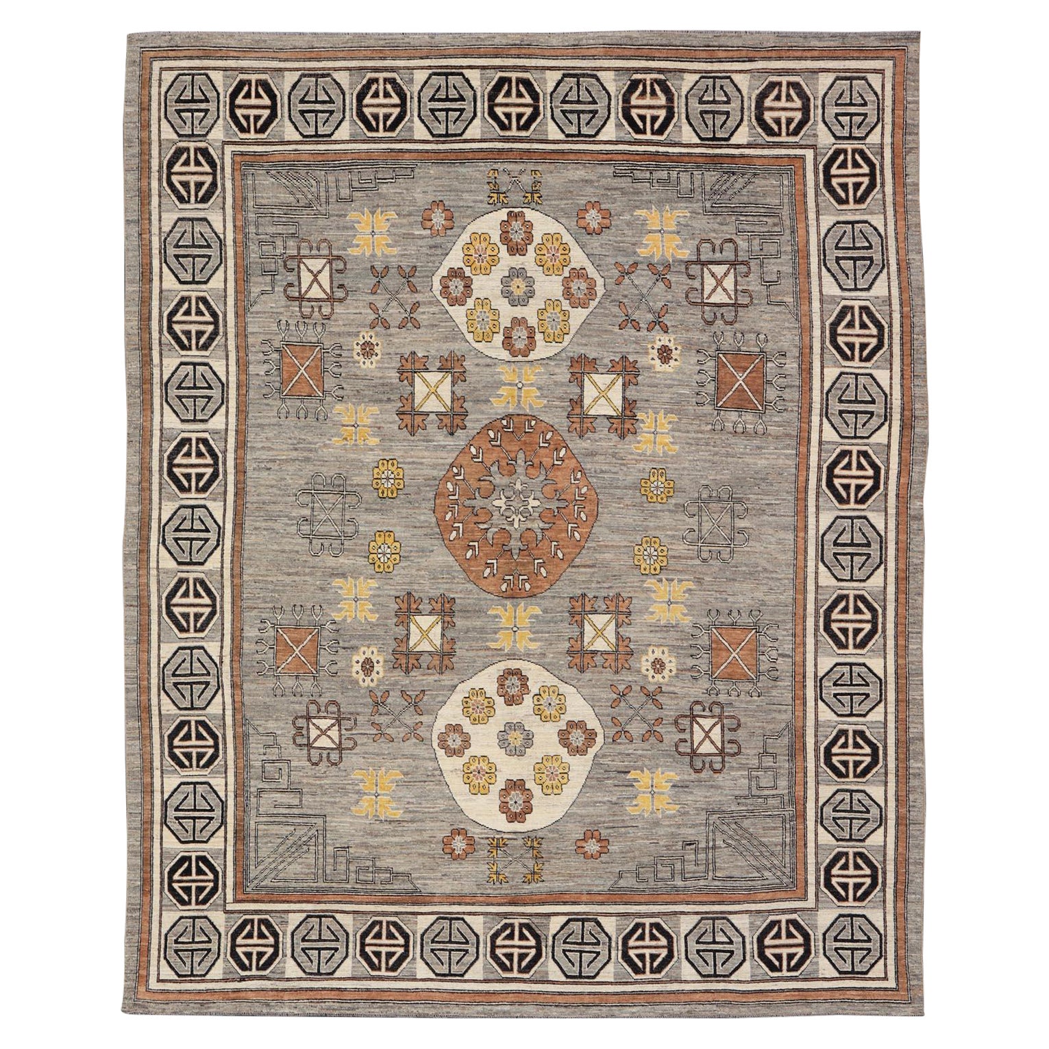 Modern Khotan Rug with Circular Medallions in Shades of Gray, Brown and Yellow  For Sale