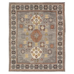 Modern Khotan Rug with Circular Medallions in Shades of Gray, Brown and Yellow 