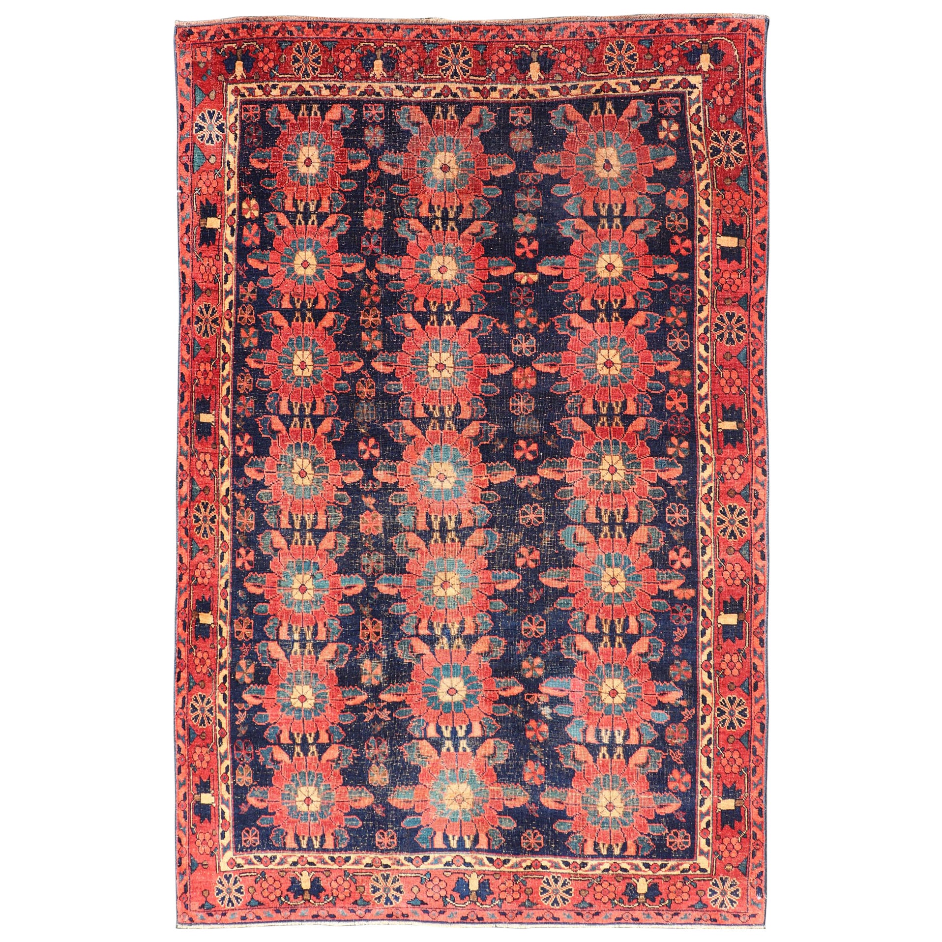 Antique Persian Bidjar Rug with All-Over Floral Motifs in Red and Blue
