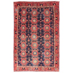 Antique Persian Bidjar Rug with All-Over Floral Motifs in Red and Blue