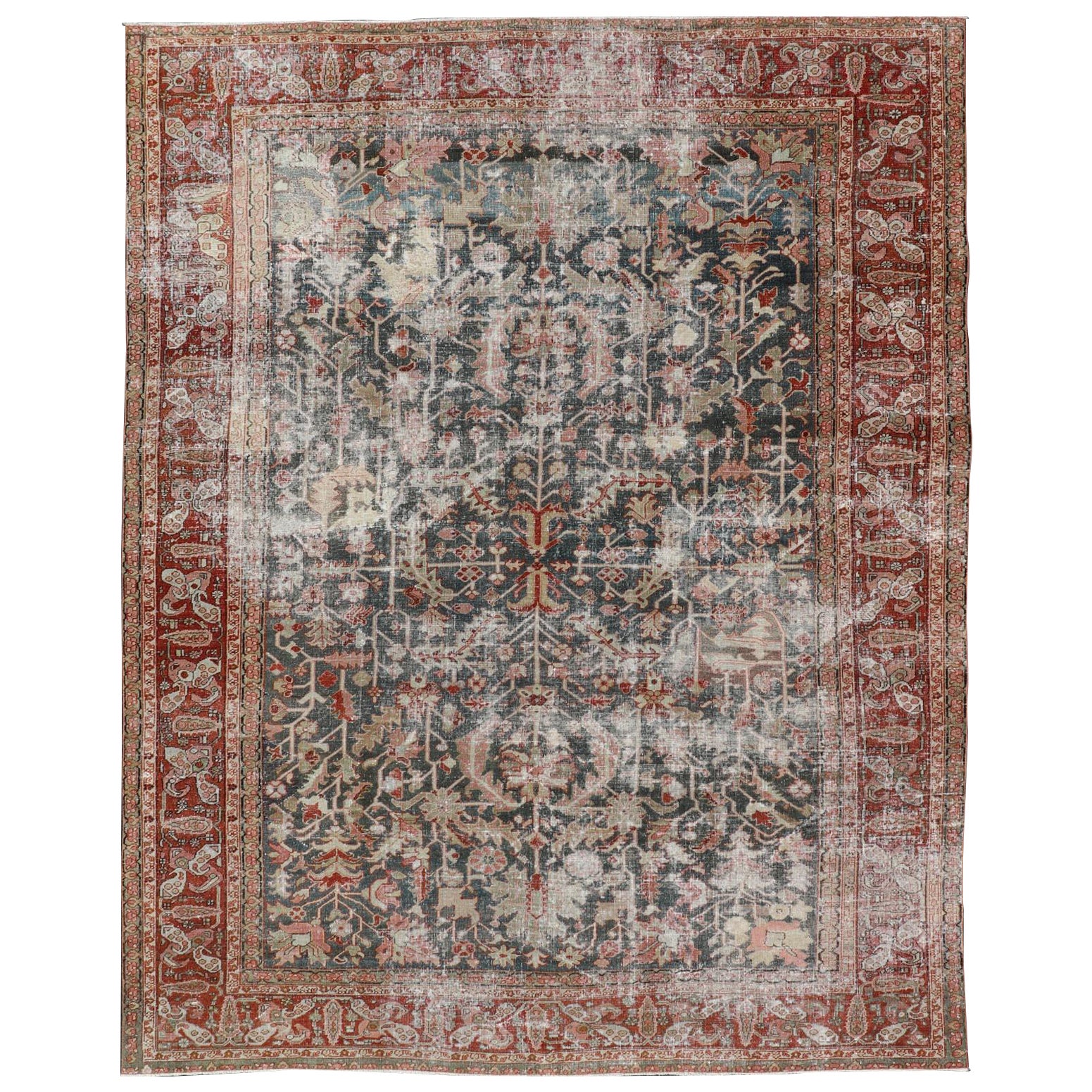 Persian Antique Heriz Rug with All-Over Geometric Design in Gray-Blue and Red  For Sale