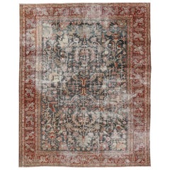 Persian Antique Heriz Rug with All-Over Geometric Design in Gray-Blue and Red 