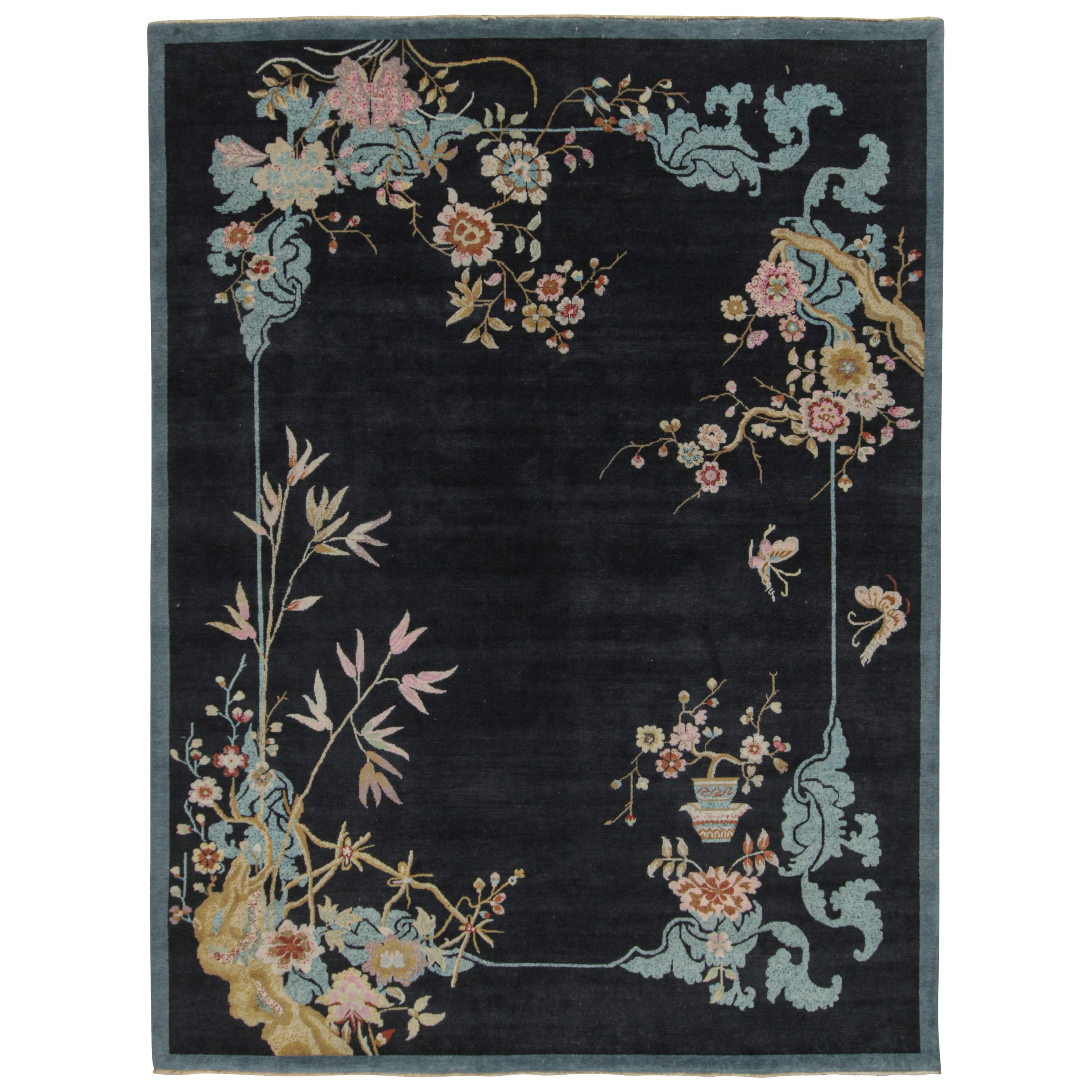 Rug & Kilim’s Chinese Style Art Deco rug in Blue-Black with Colorful Florals For Sale