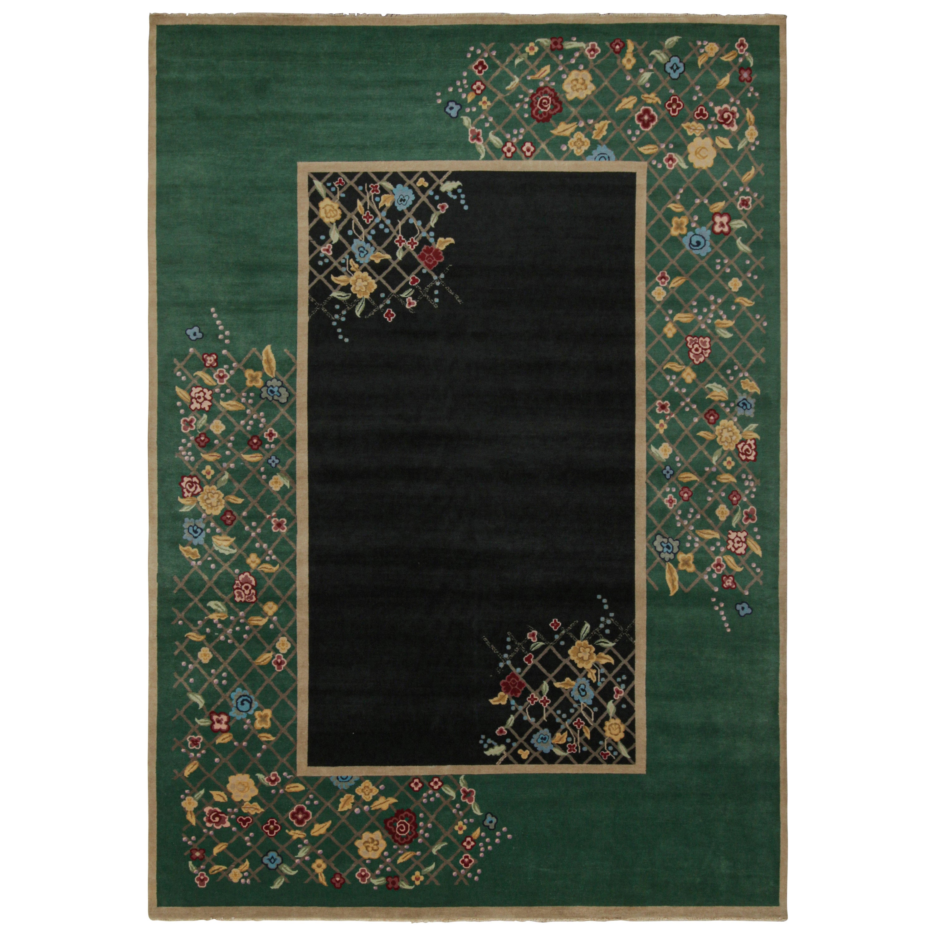 Rug & Kilim’s Chinese Art Deco Style Rug in Black & Green with Floral Pattern For Sale