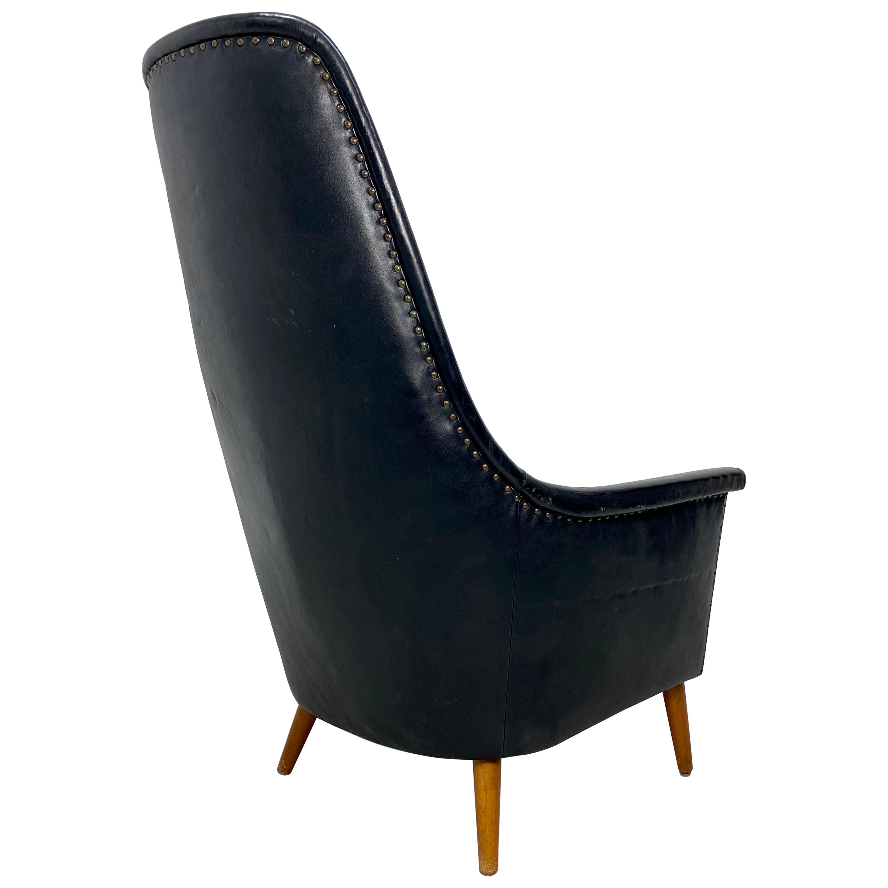 1950s Danish Leather High Back Lounge Chair For Sale