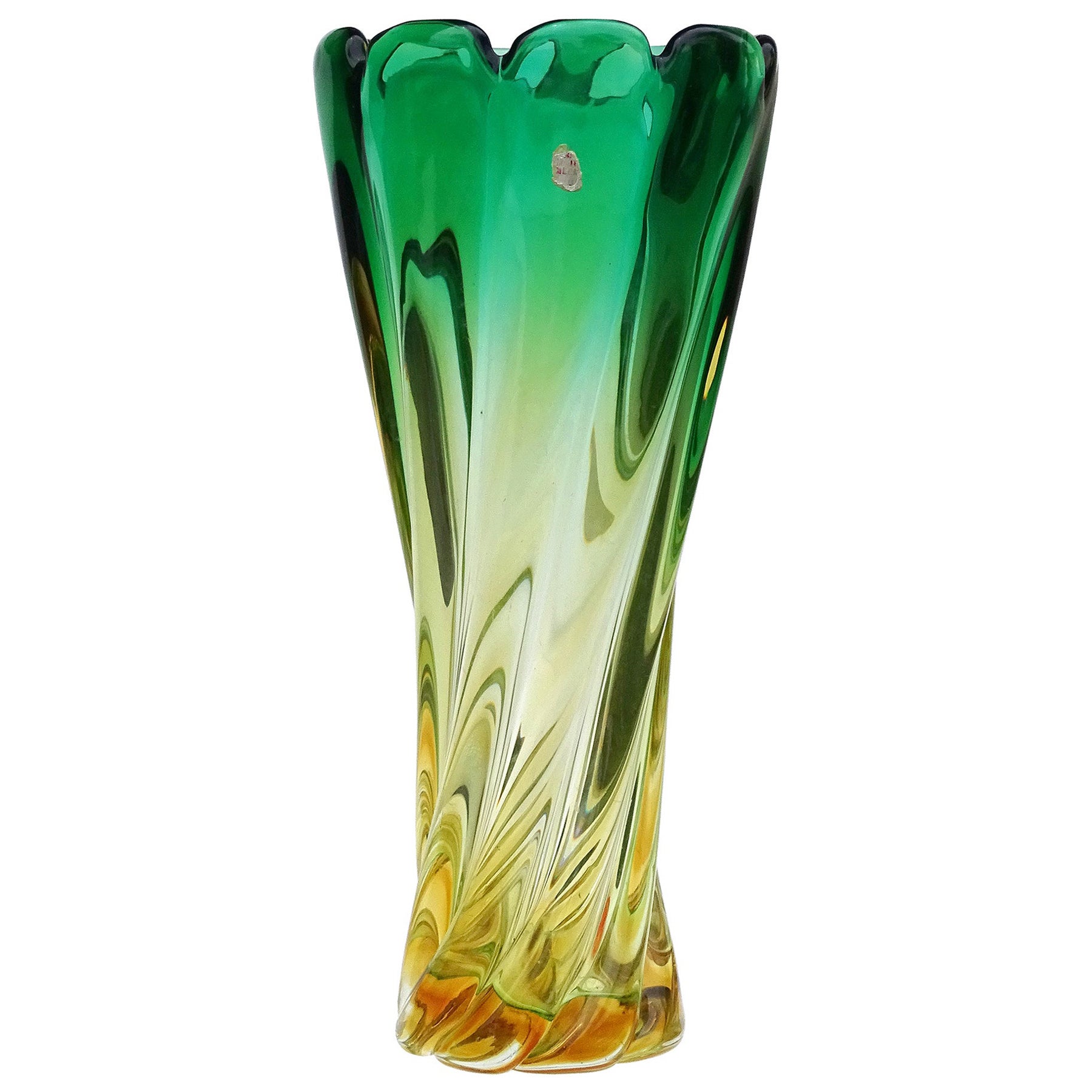 Murano Sommerso Green Golden Yellow Italian Art Glass Ribbed Swirl Flower Vase