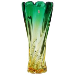 Retro Murano Sommerso Green Golden Yellow Italian Art Glass Ribbed Swirl Flower Vase