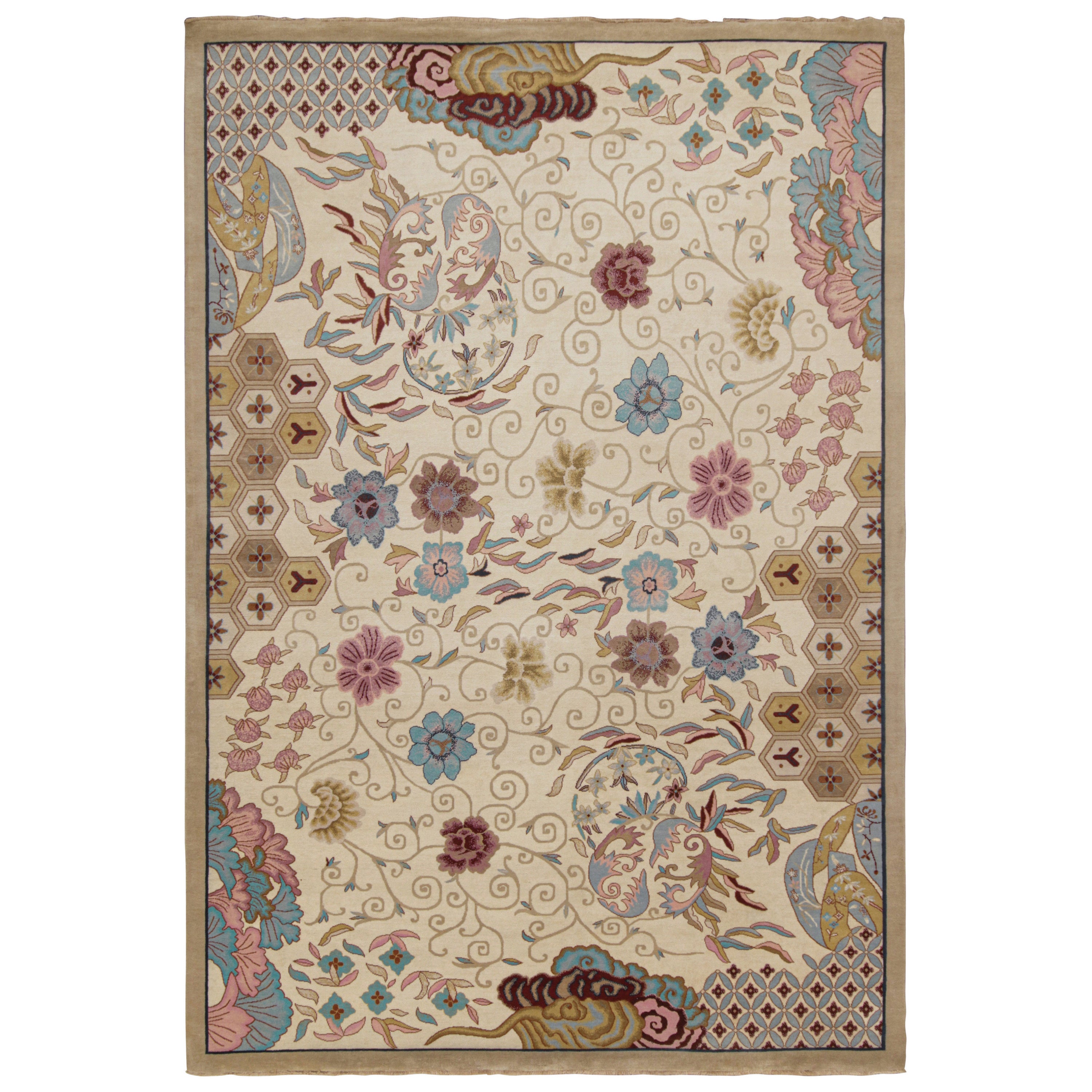 Rug & Kilim’s Chinese Art Deco Style Rug in Beige-Brown with Floral Patterns For Sale