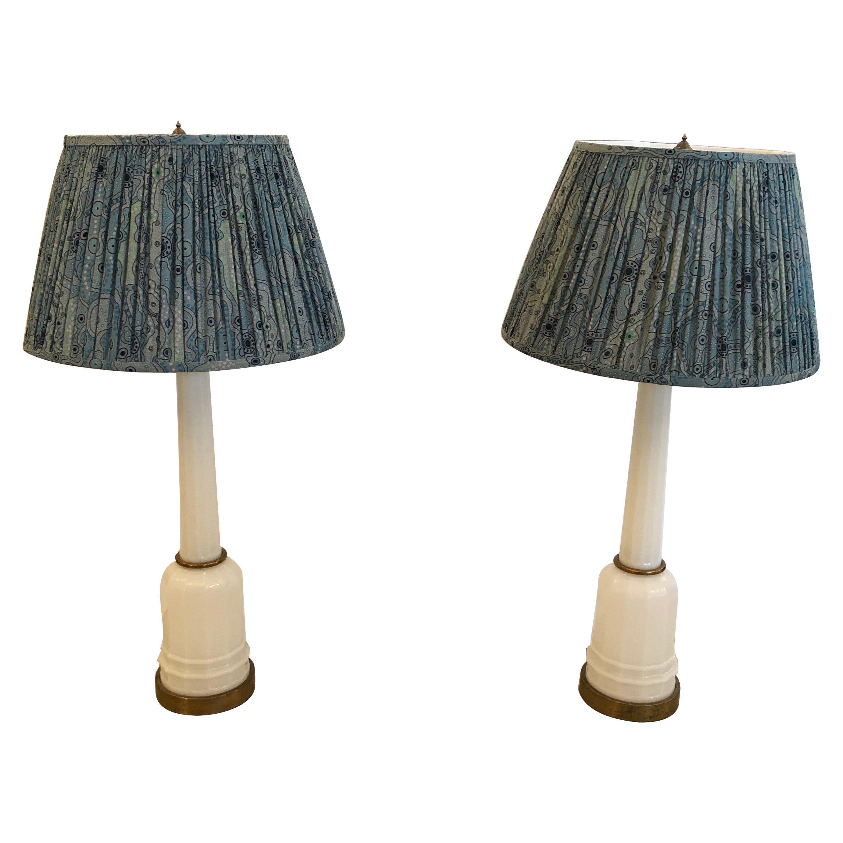 Tall Vintage Opaline Milk Glass & Brass Table Lamps with Fabric Shades For Sale