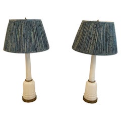 Tall Vintage Opaline Milk Glass & Brass Table Lamps with Fabric Shades