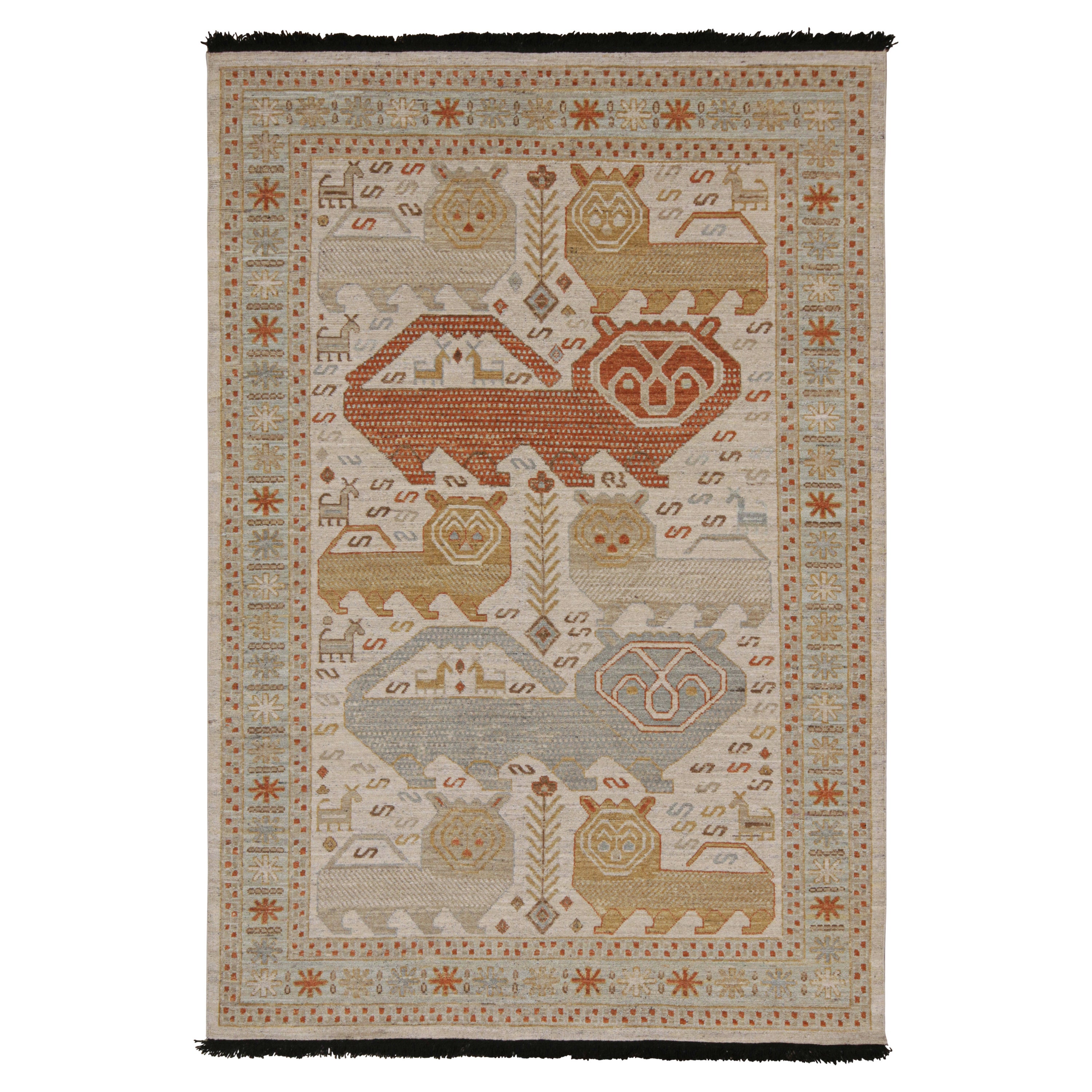 Rug & Kilim’s Tribal Style Rug In Polychromatic Lion Pictorials For Sale
