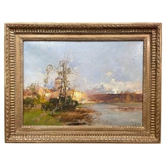 Peinture à l'huile du 19ème siècle encadrée représentant un paysage, signée Lievin pour E. Galien-Laloue