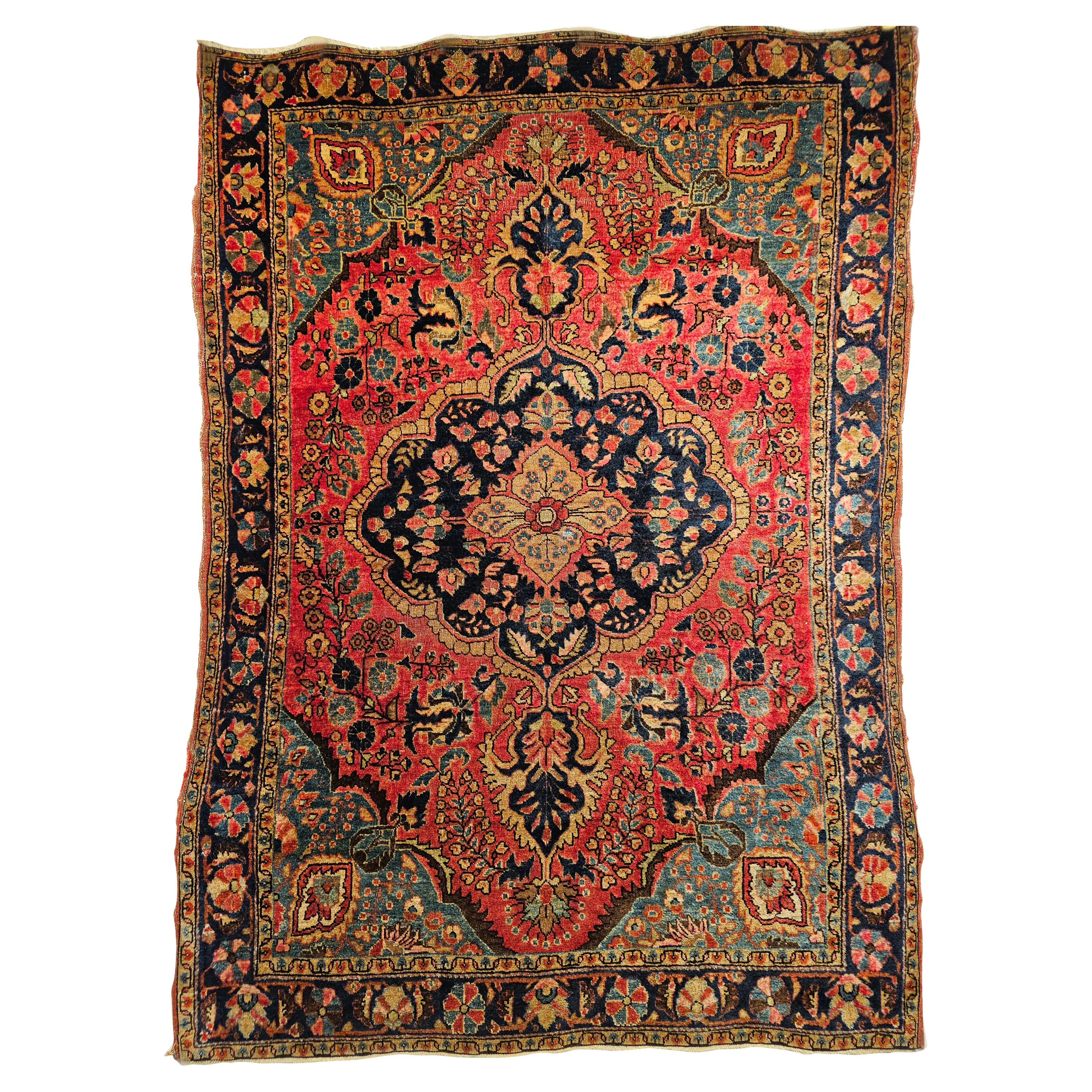 Vintage Persian Sarouk in Floral Design with Turquoise, Navy Blue, Red Colors For Sale