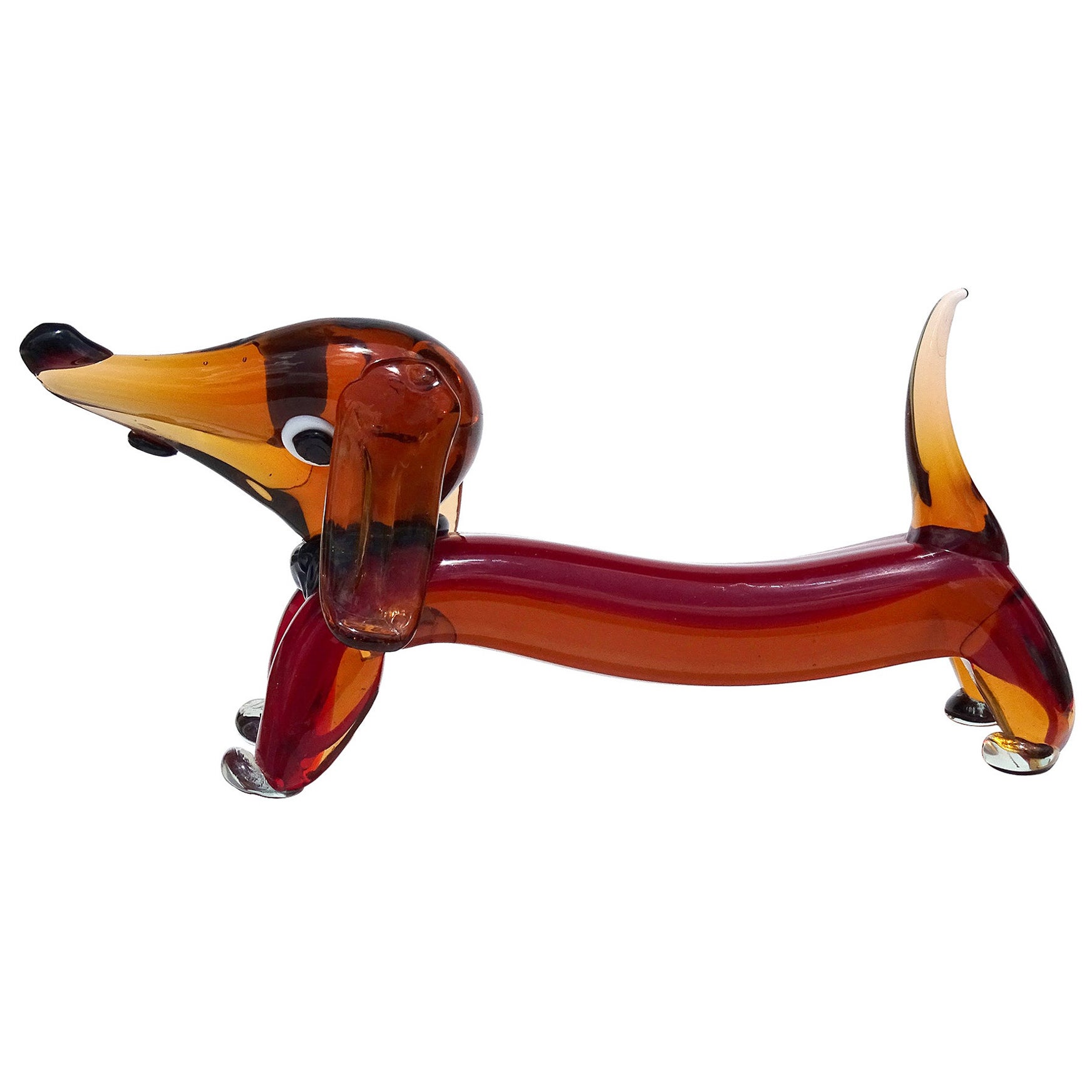 Murano Vintage Sommerso Red Orange Italian Art Glass Dachshund Dog Sculpture For Sale