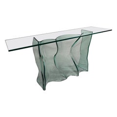 Vintage Late 20th Century Modern All Glass Sculptural Sofa Console Table Undulating Base