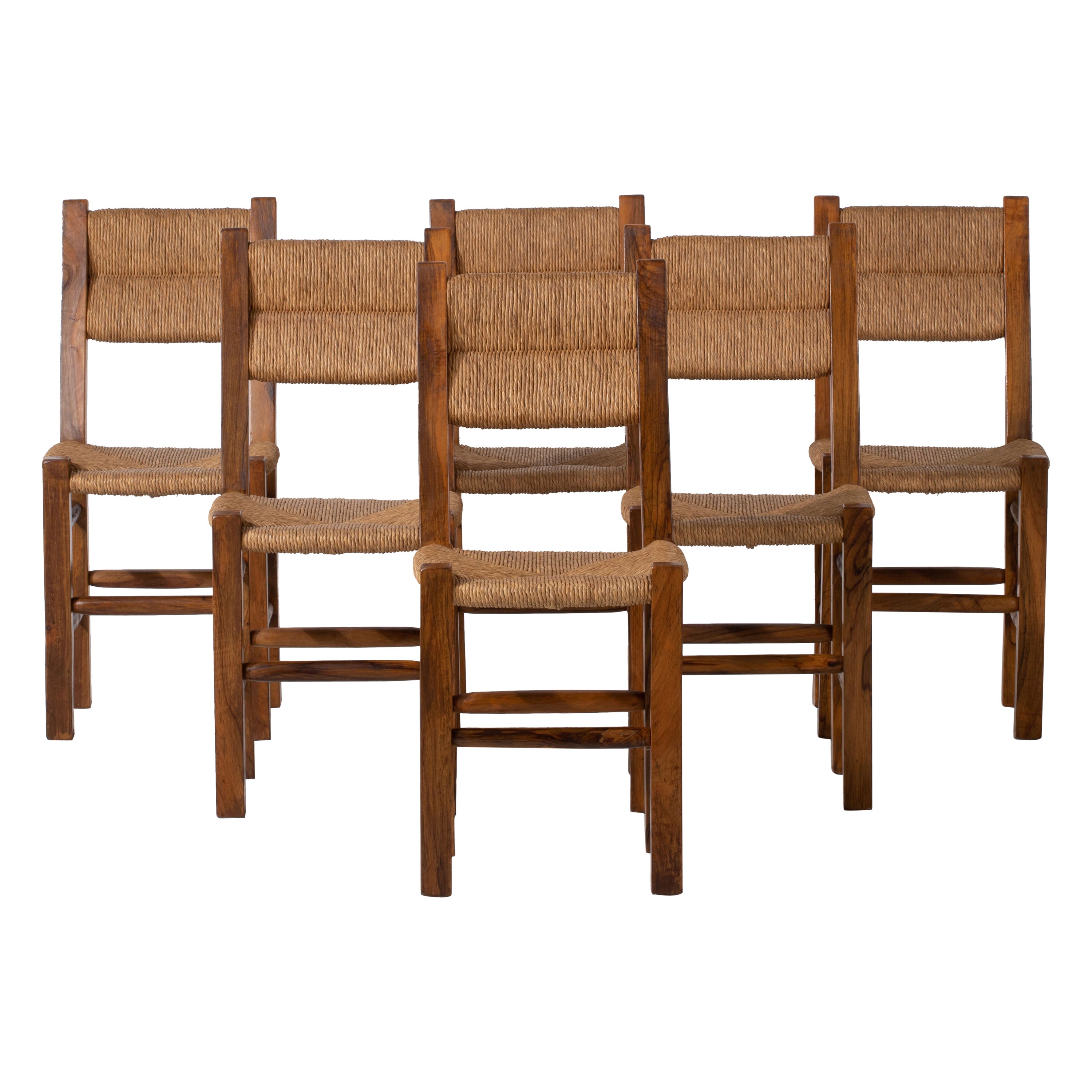 Set aus sechs Stühlen aus Olivenbaumholz und Binsen, 1960, Frankreich