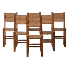 Vintage Set of Six Olivetree and Rush Chairs, 1960, France