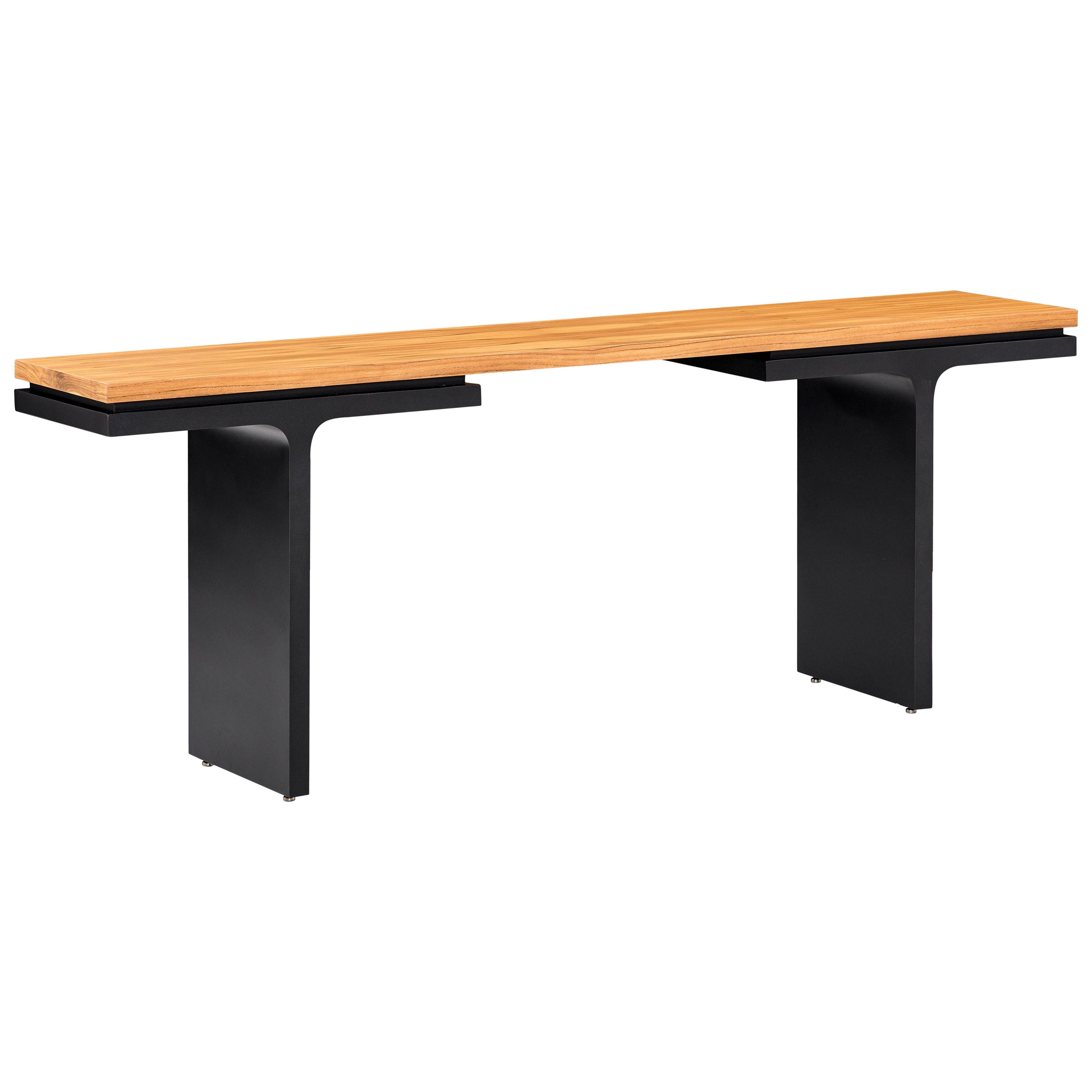 Square Console Table in Teak Wood Finish and Black Graphite 78'' For Sale