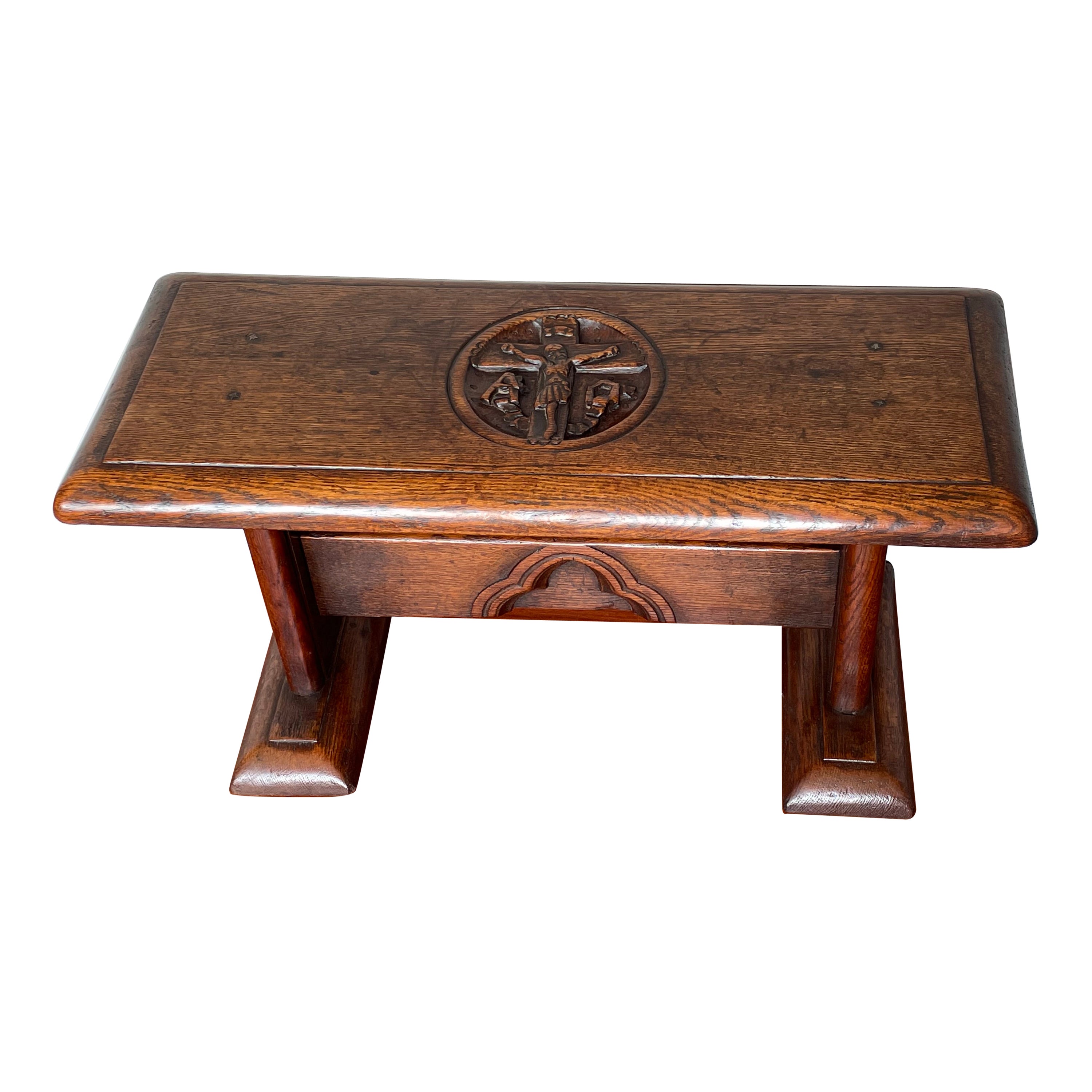 Gothic Revival Stool / Bench with Hand Carved Christ on Crucifix Sculpture 1800s For Sale