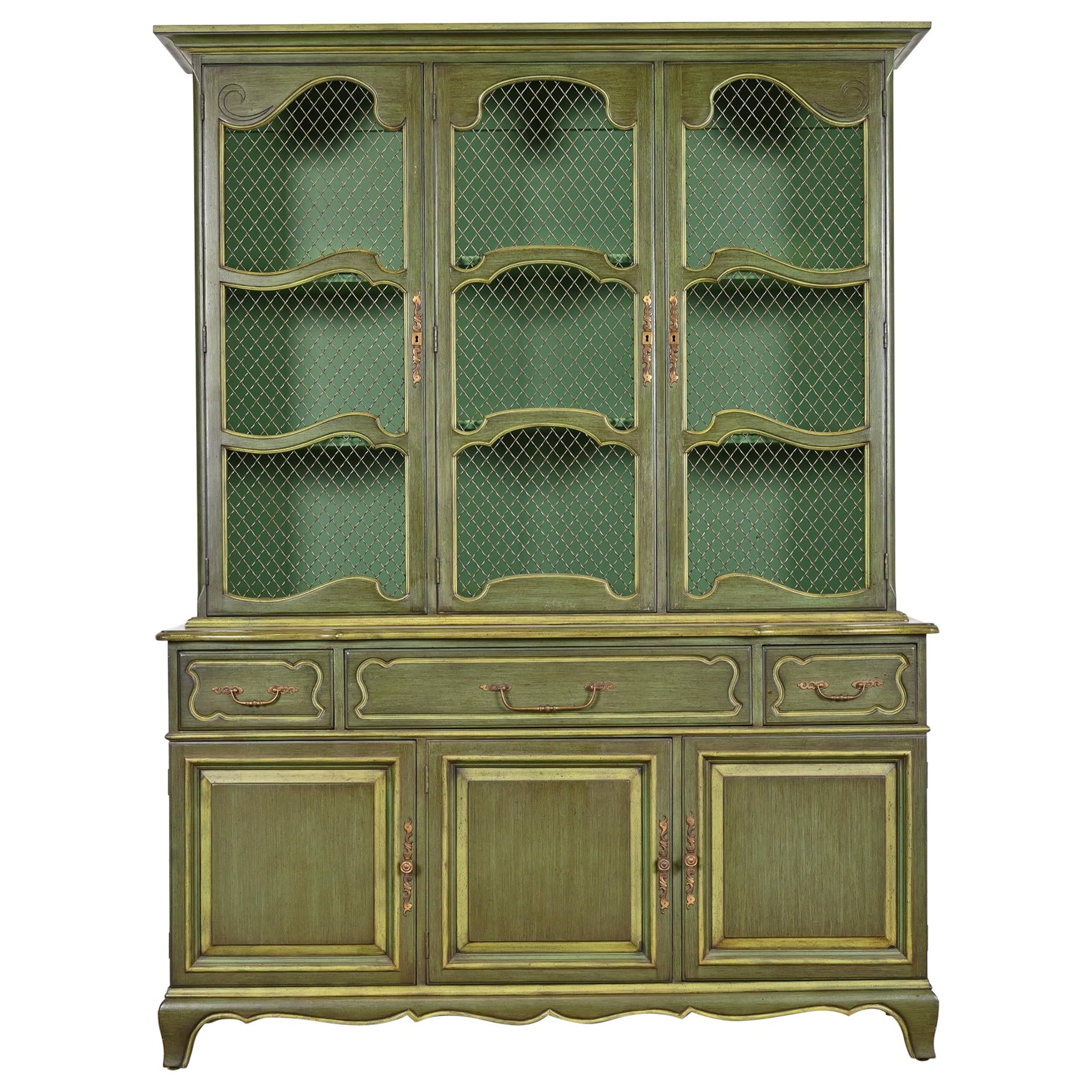 Karges French Provincial Louis XV Green Lacquered Breakfront Bookcase Cabinet