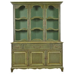 Karges French Provincial Louis XV Green Lacquered Breakfront Bookcase Cabinet