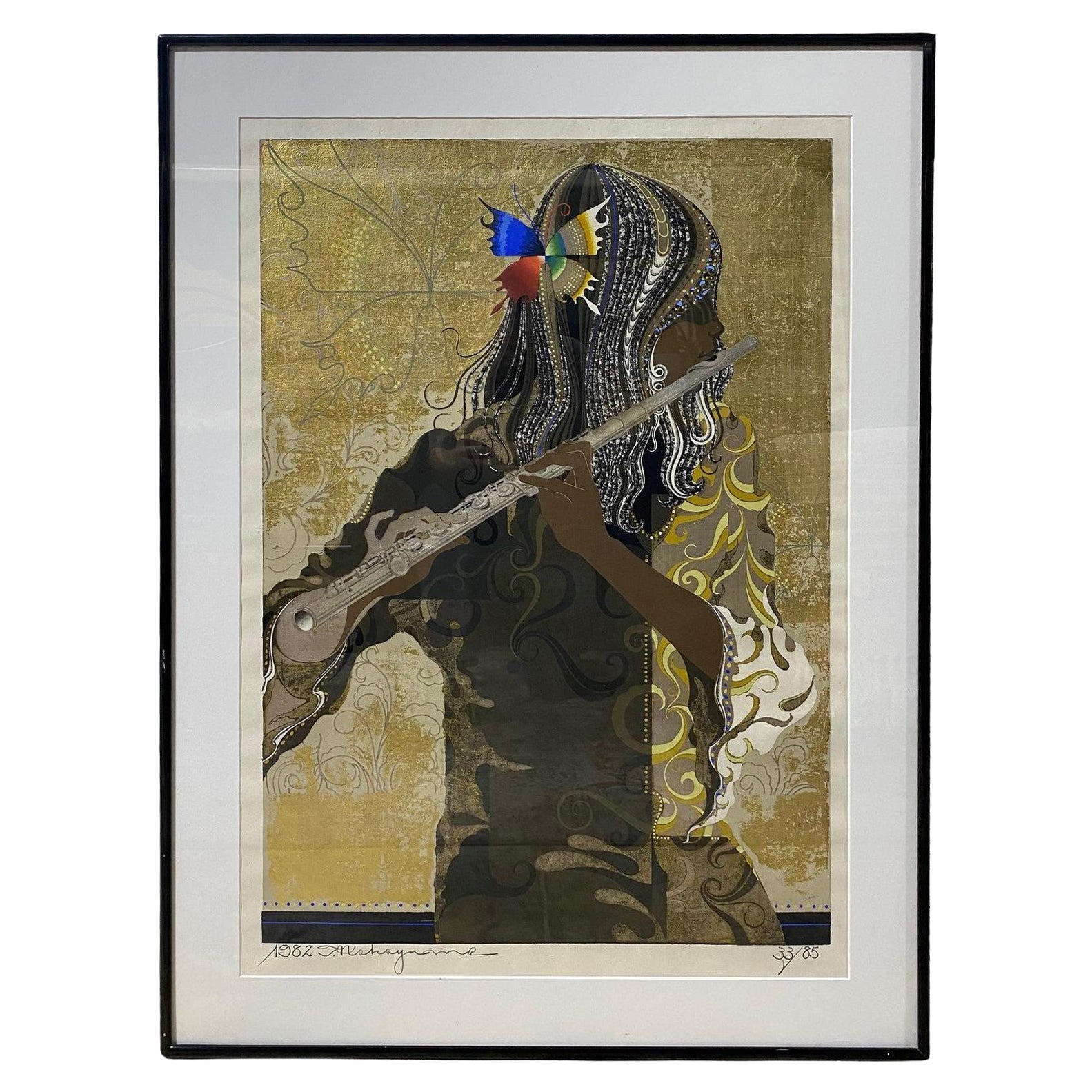 Tadashi Nakayama Signed Limited Ed. Japanese Woodblock Print Girl with Flute 'B' For Sale