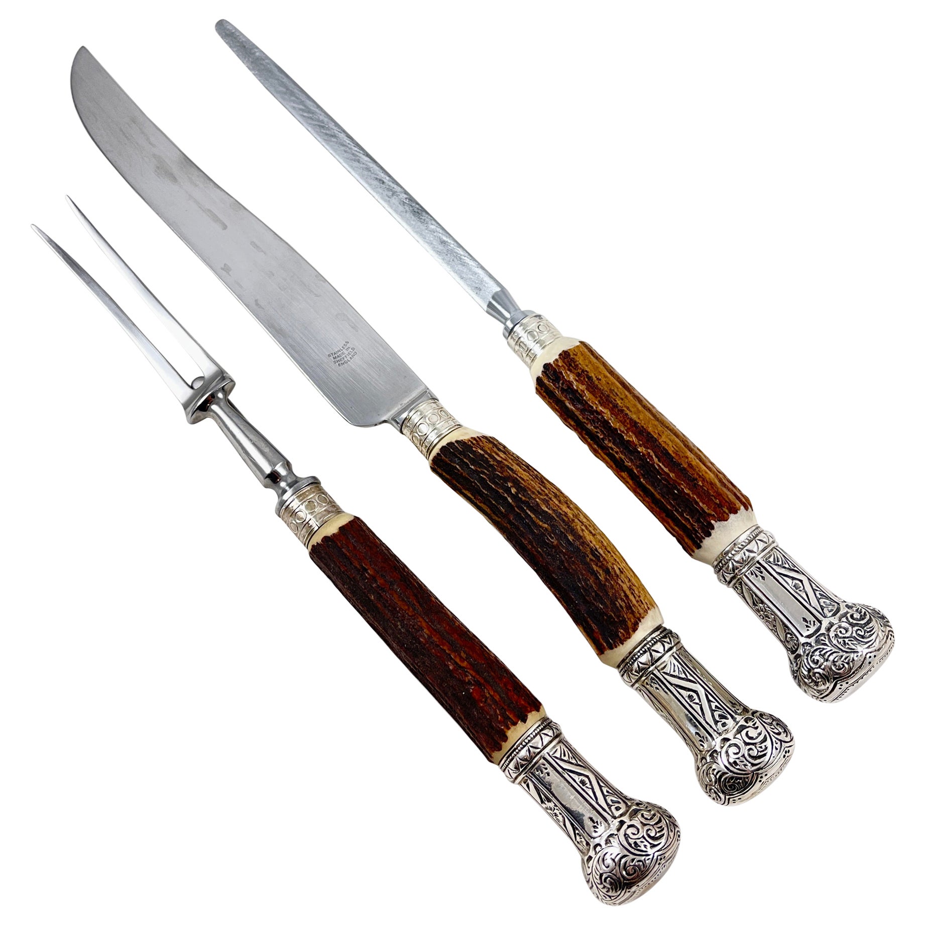 Sheffield English Stag Antler Handled, Sterling Capped Carving Set, 3 Pcs For Sale