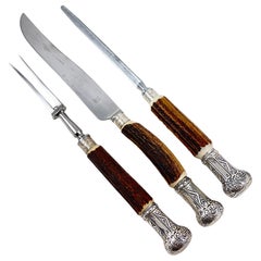 Retro Sheffield English Stag Antler Handled, Sterling Capped Carving Set, 3 Pcs